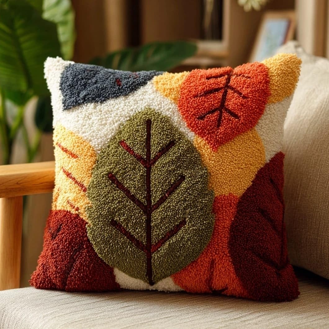 AxiangziK Latch Hook Cushion Kit,Leaf DIY Throw Pillow Cover 43X43Cm