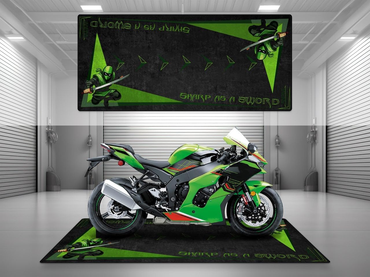 MPM Motorcycle Mat for Kawasaki 40th Anniversary Washable Non - Slip Oil & Water Resistant Parking Pitmat for Garage, Showroom, Workshop Use | Green - Size 1: 86.6 x 39.4/220 x 100 cm