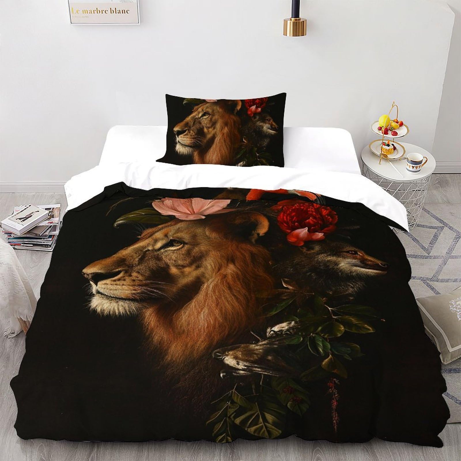 Housse de couette lion imprimé animal avec couvre-lit microfibre 135x200 cm