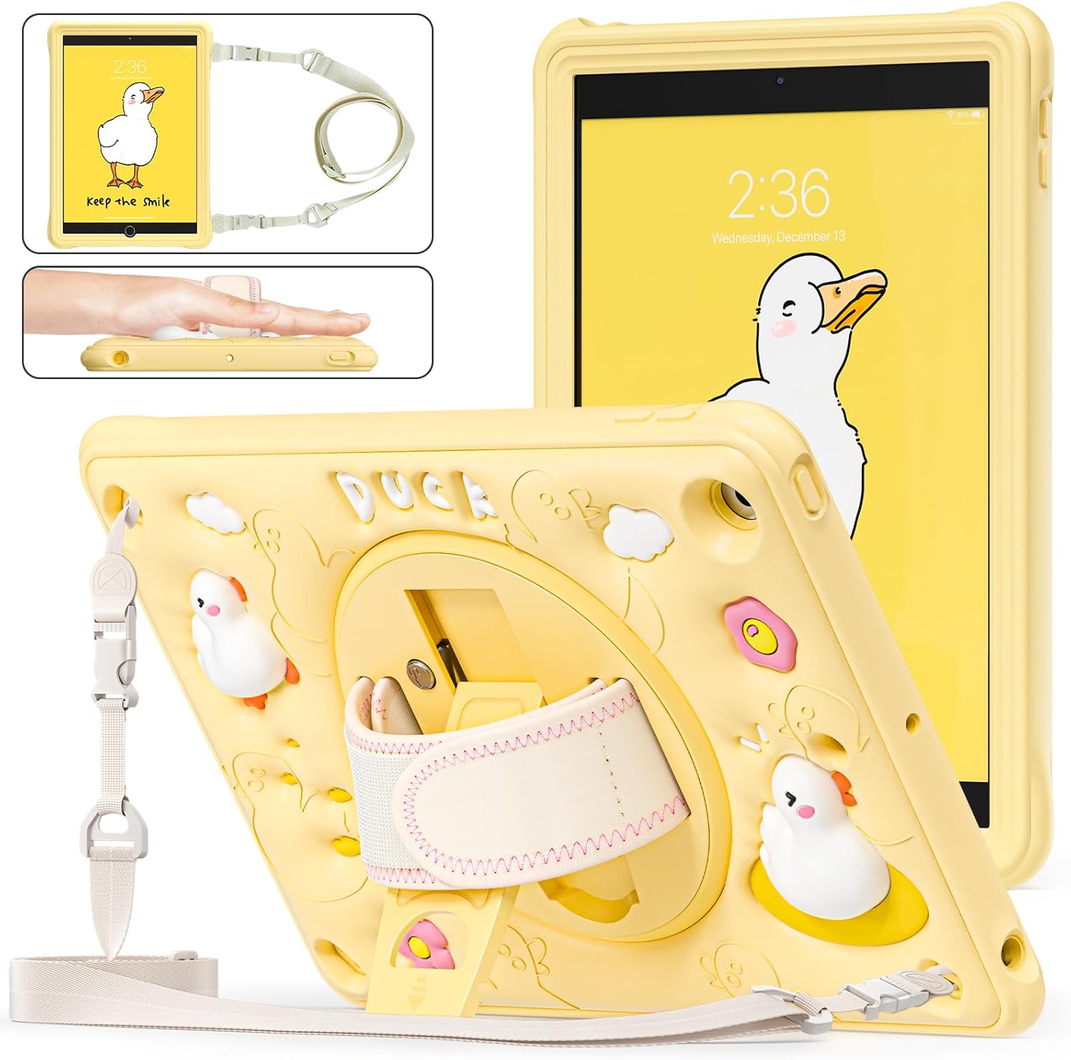 Shockproof Kids Case for iPad 10.2 2021/2020/2019 (9th/8th/7th Gen), Heavy Duty Dinosaur Design with 360° Rotating Hand Strap, Kickstand, Adjustable Shoulder Strap, Cute Protective Cover for Children