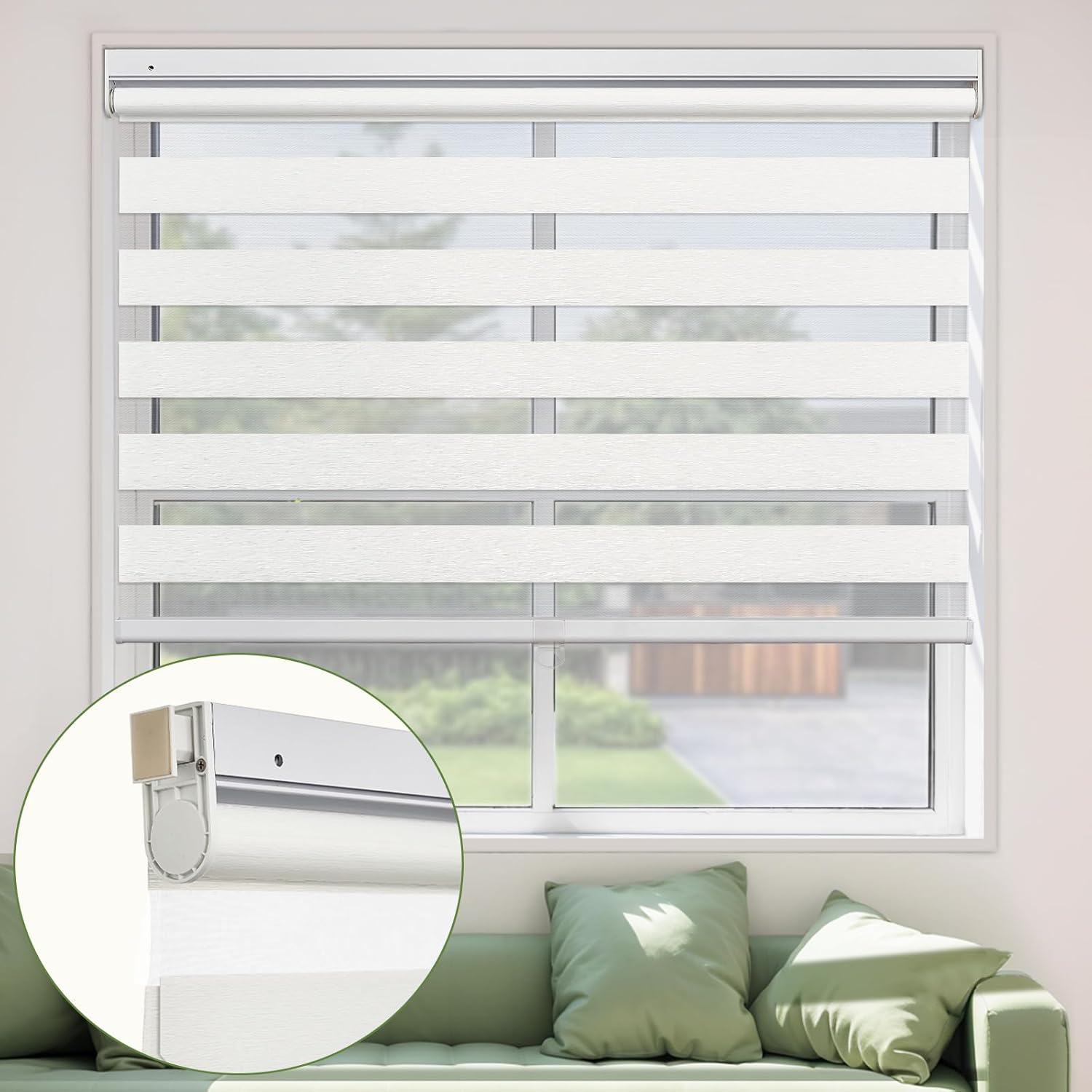 MiLin No Tools No Drill Cordless Zebra Roller Blinds Light Filtering Privacy Protection Zebra Windows Shades Dual Layer Sheer Roller Shades Zebra Blinds for Windows - Cream Custom Size