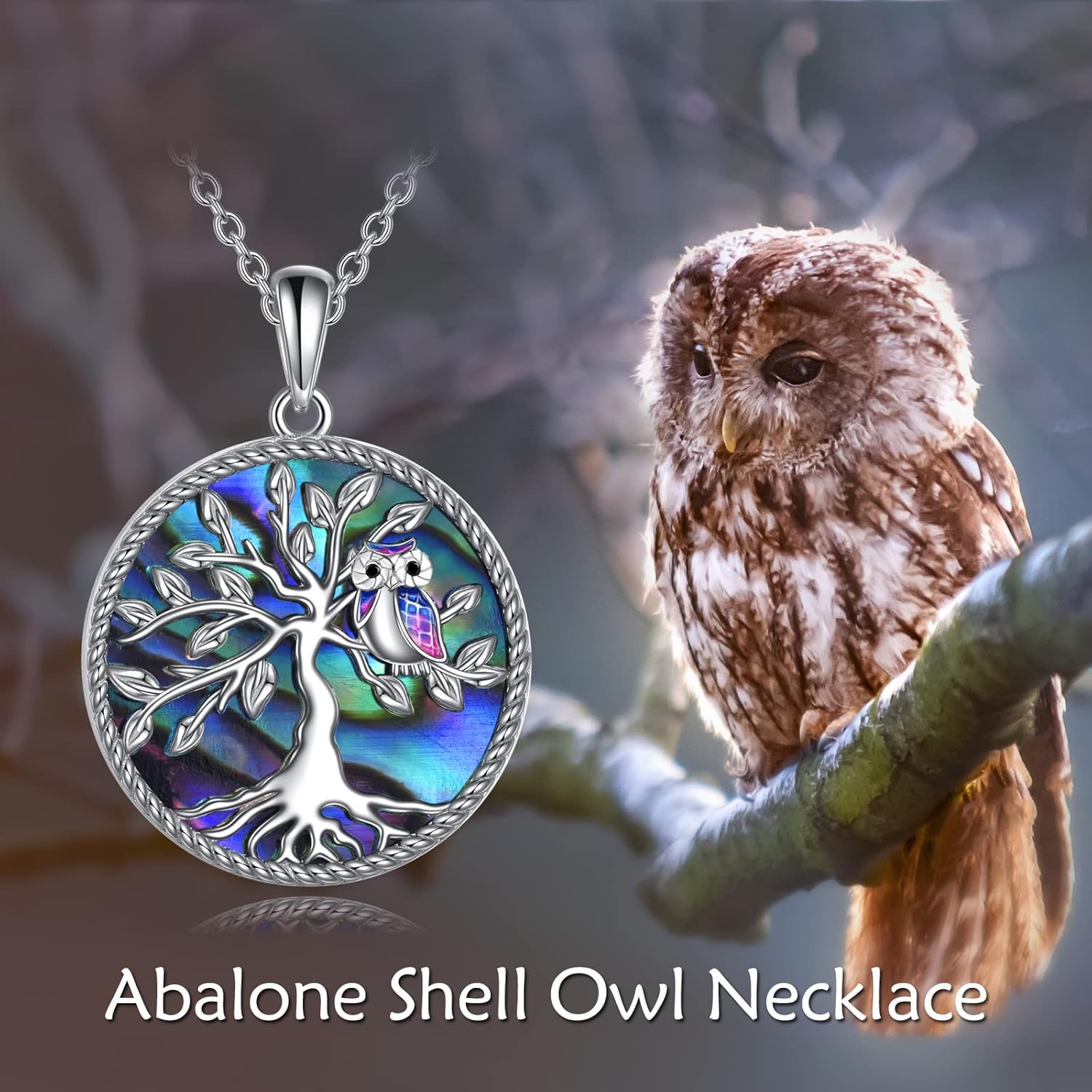 YFN Owl Tree of Life Pendant Necklace Sterling Silver Owl Jewelry Abalone Bird Christmas Birthday Gifts for Women - Image 5