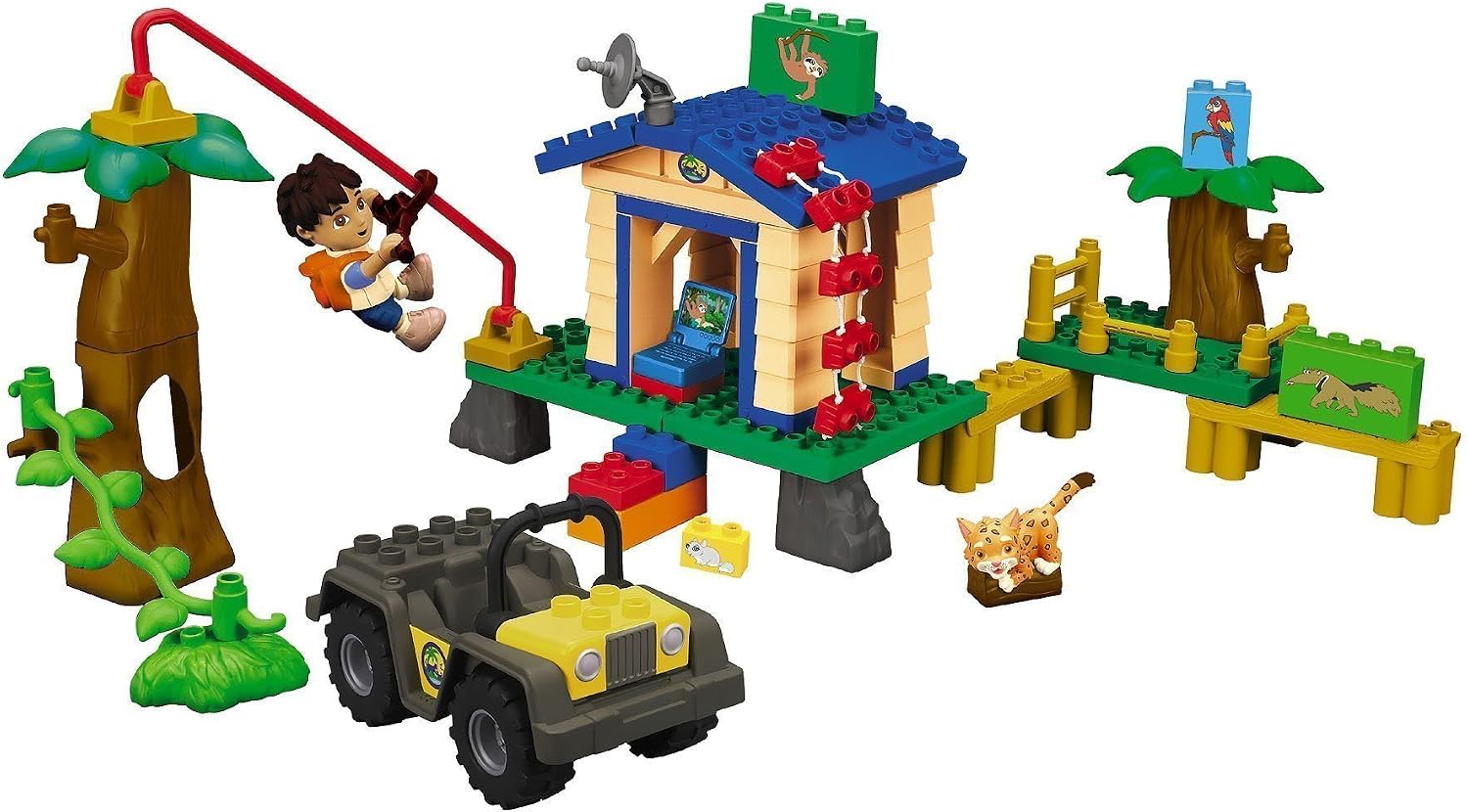 Fully assembled Mega Bloks Diego's Animal Rescue Center playset with Diego on a zip-line, a jeep, a building, and other structures.