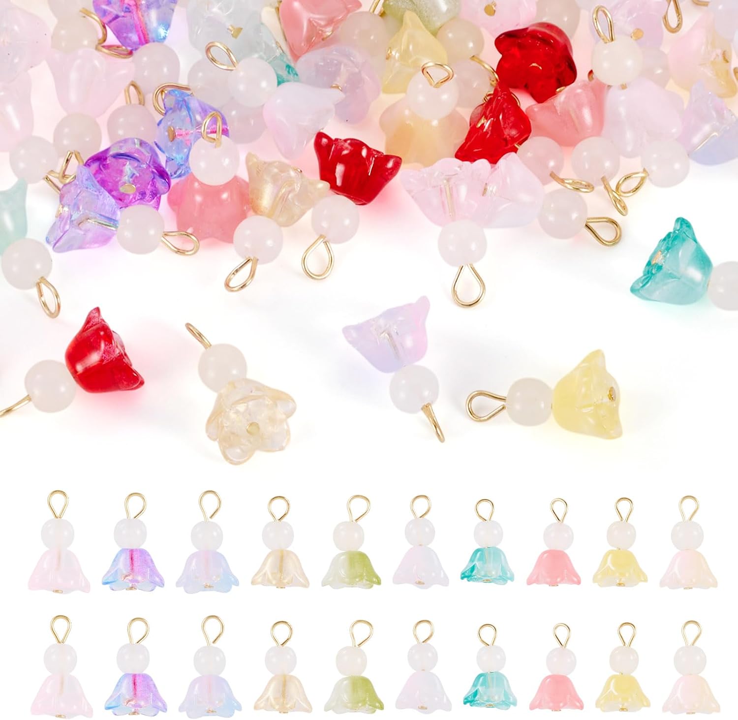 KISSITTY 50pcs Handmade Crystal Glass Flower Floral Charms Dangles Pendants Bulk Colorful with Round Beads for Jewelry Making Earring Necklace Bracelet DIY Crafts Keychain Phone Lanyards Wind Chimes