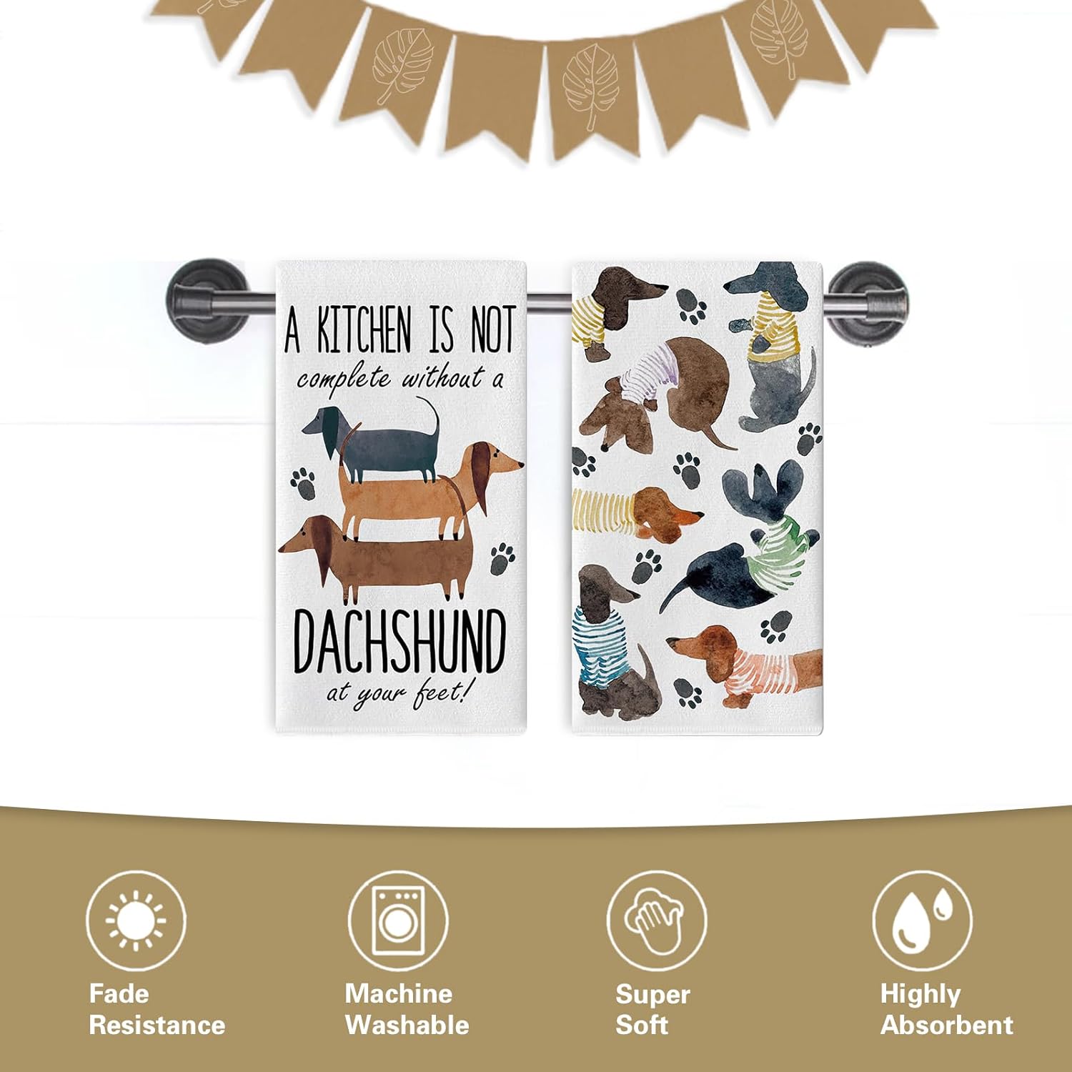 Watercolor Dachshund Dog Kitchen Dish Towels Set of 2, Funny Quotes Paw Prints Drying Hand Towel Baking Cooking Cloth, Bathroom Home Decoration Pet Dog Owner Lover Gifts 18'' x 26'' - Image 6