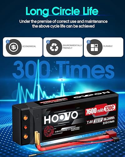 Miniatura 6 de HOOVO Batería Lipo 7600mAh 2S 7.4V 120C RC Estuche rígido de 0.157 in Bullet con enchufe T para RC Drag Car RC Truck Boat DJI Heli Airplane RC