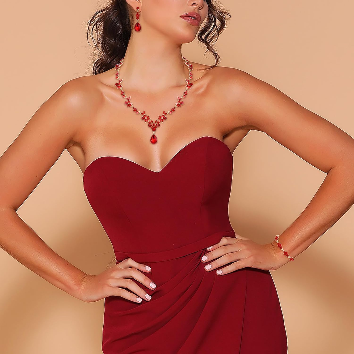 BriLove Wedding Jewelry Set for Women Bride, Y-Necklace Tennis Bracelet Dangle Earrings Crystal Teardrop Marquise Cluster for Bridal Bridesmaid - Image 2