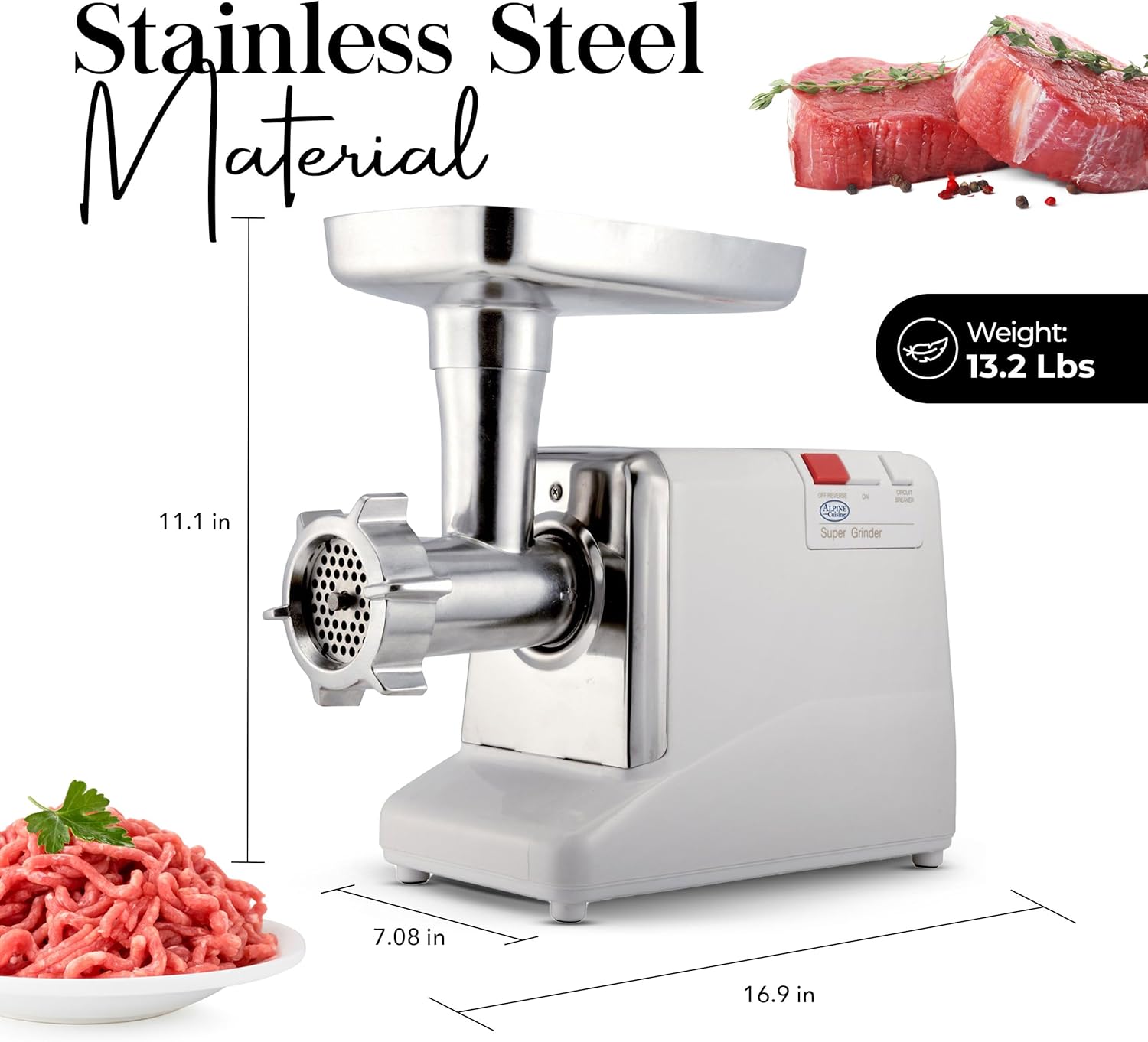 Alpine Cuisine Stainless Steel Electric Meat Grinder 1000W with UL Approval, High Capacity Meat Tray Blade Sausage Stuffer Maker Meat Claws, Food Meat Grinder for Home Kitchen Use & Easy to Clean