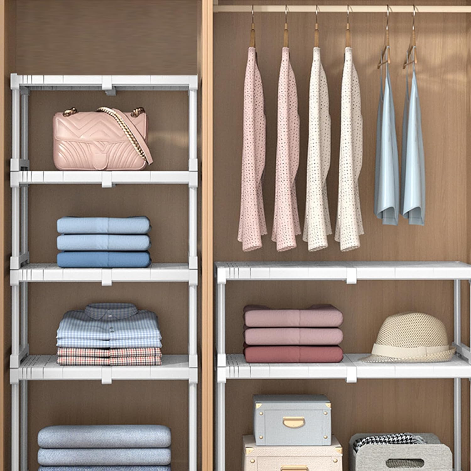 拡張可能なワードローブオーガナイザー 調節可能な収納棚 キャビネットやクローゼット用 カーボンスチール整理ラック使用