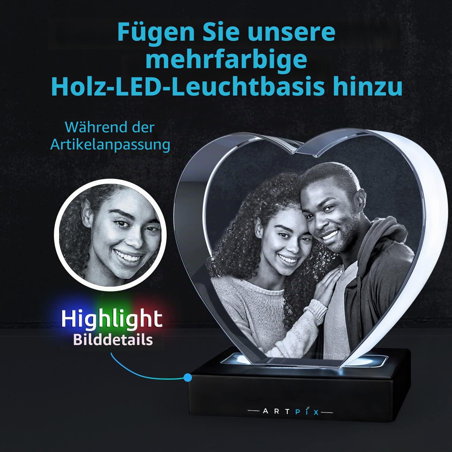 ArtPix 3D Glasfoto, personalisiertes Geschenk mit Ihrem eigenen Foto, 3D-Laser-geätztes Bild, graviertes Herzkristall, Erinnerungs-Geburtstagsgeschenke für Mama, Papa, Männer, Frauen