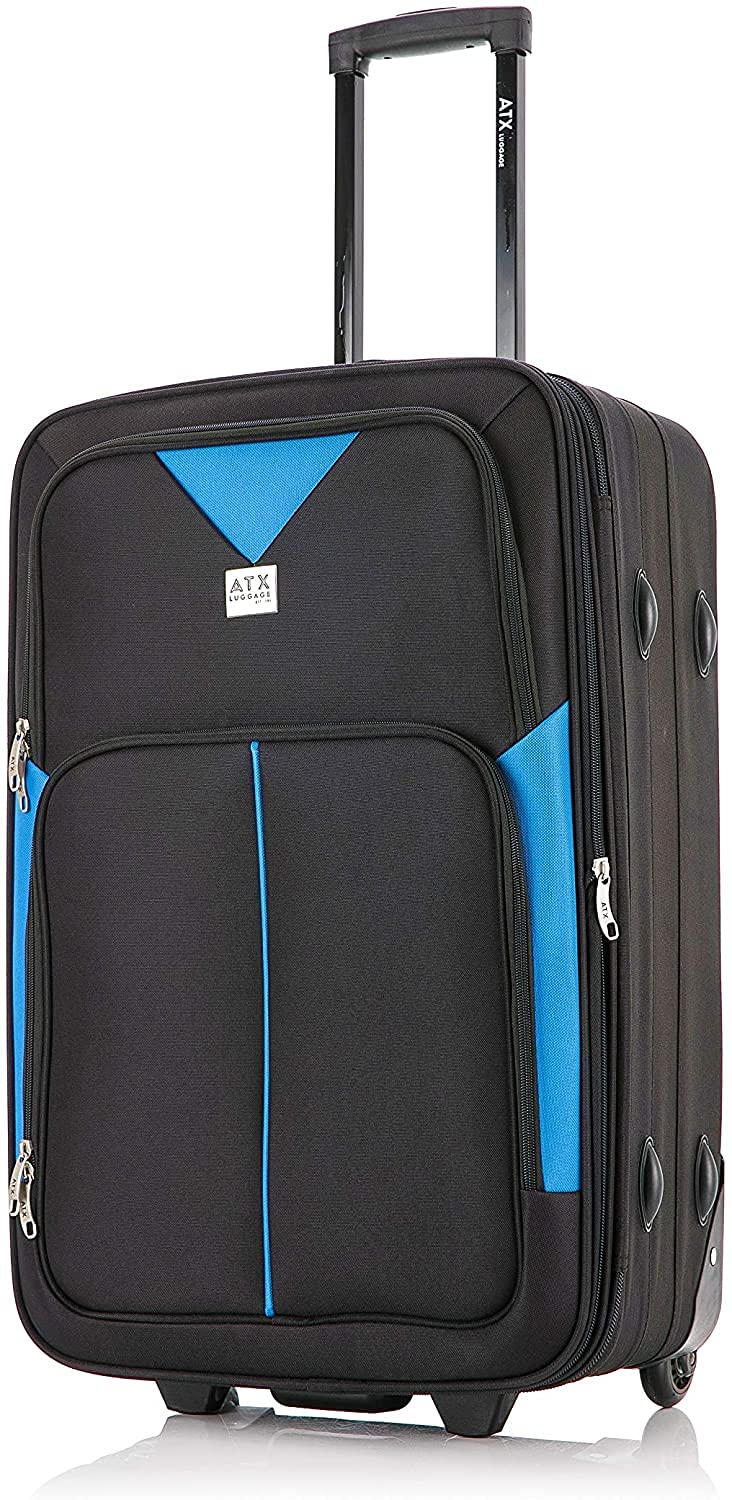 ATX Luggage Est. 1991 Medium Suitcase Expandable Soft Shell Durable Lightweight Hold Check in Travel Bag on 2 Wheels & Built-in 3 Digit Combination Lock (Black/Blue, 79 Liter)