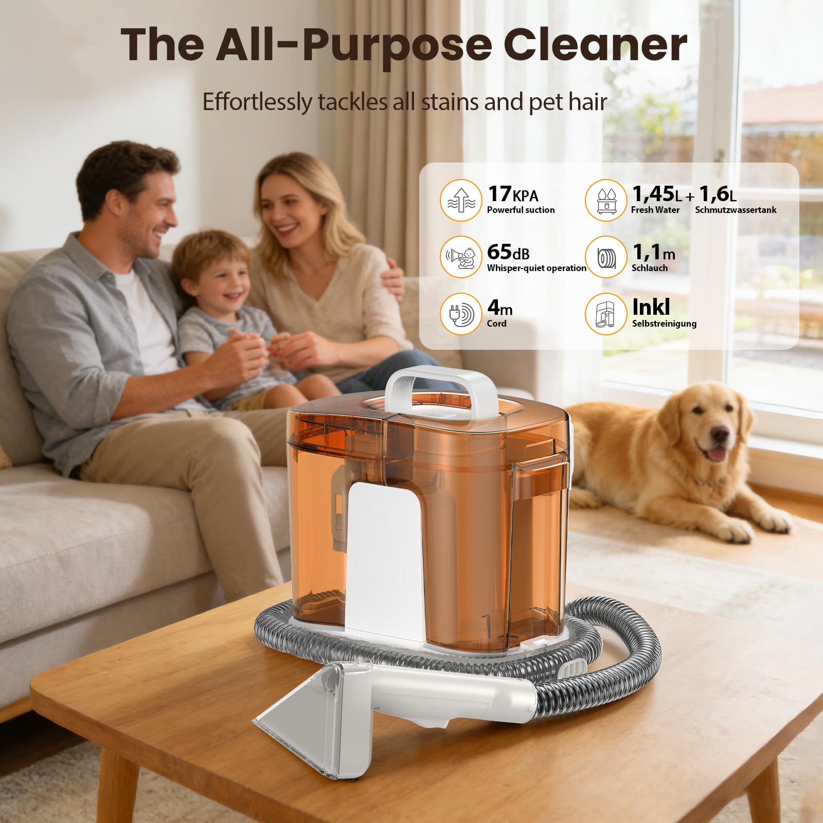 Limpiador de Tapicerias 17kPa Aspiradora de Agua Tapiceria 600W Maquina Limpia Tapicerias para Sofas Alfombras Coche Colchones y Mascotas con Autolimpieza,Depositos Extraibles,Tubos flexible (Marrón)