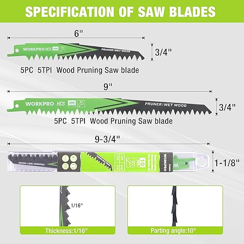 Miniatura 14 de WORKPRO Juego de hojas de sierra recíproca de madera de 5 piezas, 9 pulgadas, 5TPI, CR-V, kit de hojas de sierra de acero para Bosch, Black &