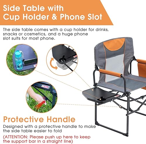Miniatura 4 de Silla de director plegable ancha con mesa, silla de campamento al aire libre para adultos con soporte para tazas, carga de 330 libras, silla ligera