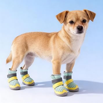 Dog Shoes for Large Medium Small Dogs, Adjustable Mesh Breathable Dog Shoes with with Reflective Strips and Anti-Slip Sole for Hardwood Floors Outdoor,Green,M