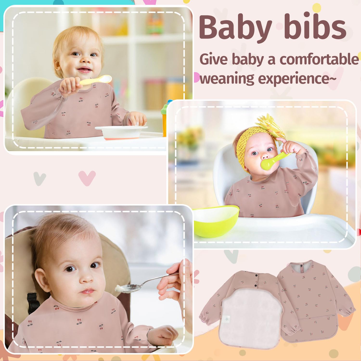 Babero de Destete de Manga Larga,Babero con Mangas Impermeable,Babero con Mangas Bebé Manga Larga,Impermeable y Fácil de Limpiar y Lavable a Máquina,Ajuste Ajustable,Unisex para 6-12 Meses