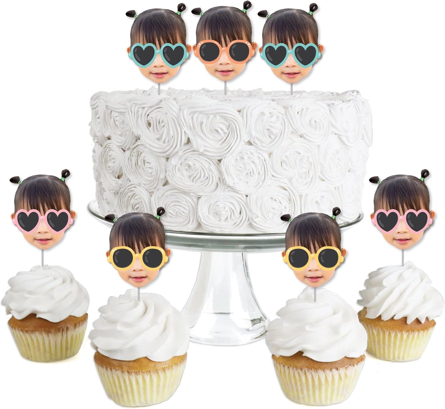 Big Dot of Happiness Custom Photo Two Cool - Girl - Pastel 2nd Birthday Party Dessert Cupcake Toppers - Fun Face Clear Treat Picks - Set of 24