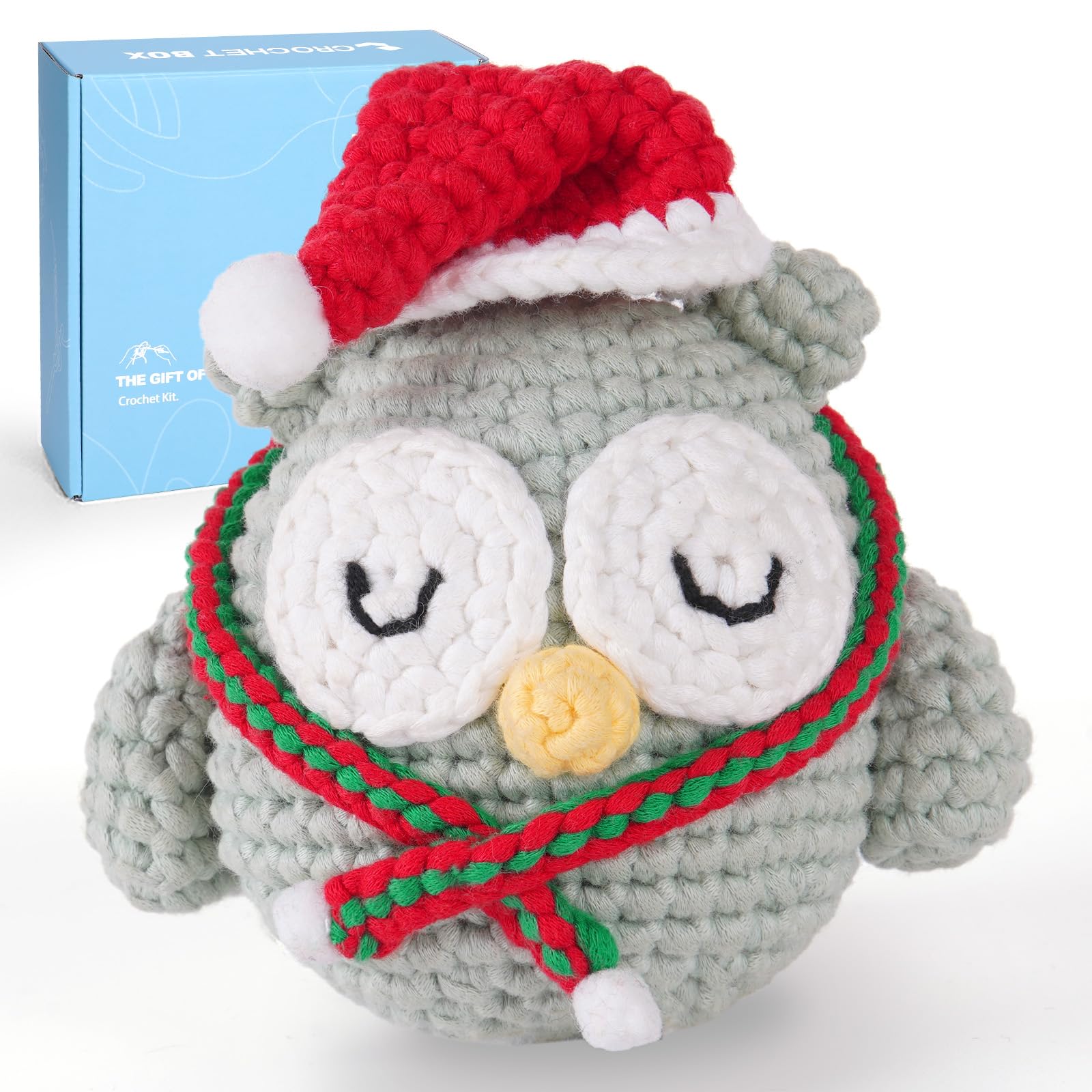 CROCHET BOX Crochet Kit for Beginners Adults - Christmas Owl Starters Crochet Kit, Beginners Crocheting Kitting for Adults Kids, Craft Gifts with Crochets Yarns, Hook, Step-by-Step Video, Instruction