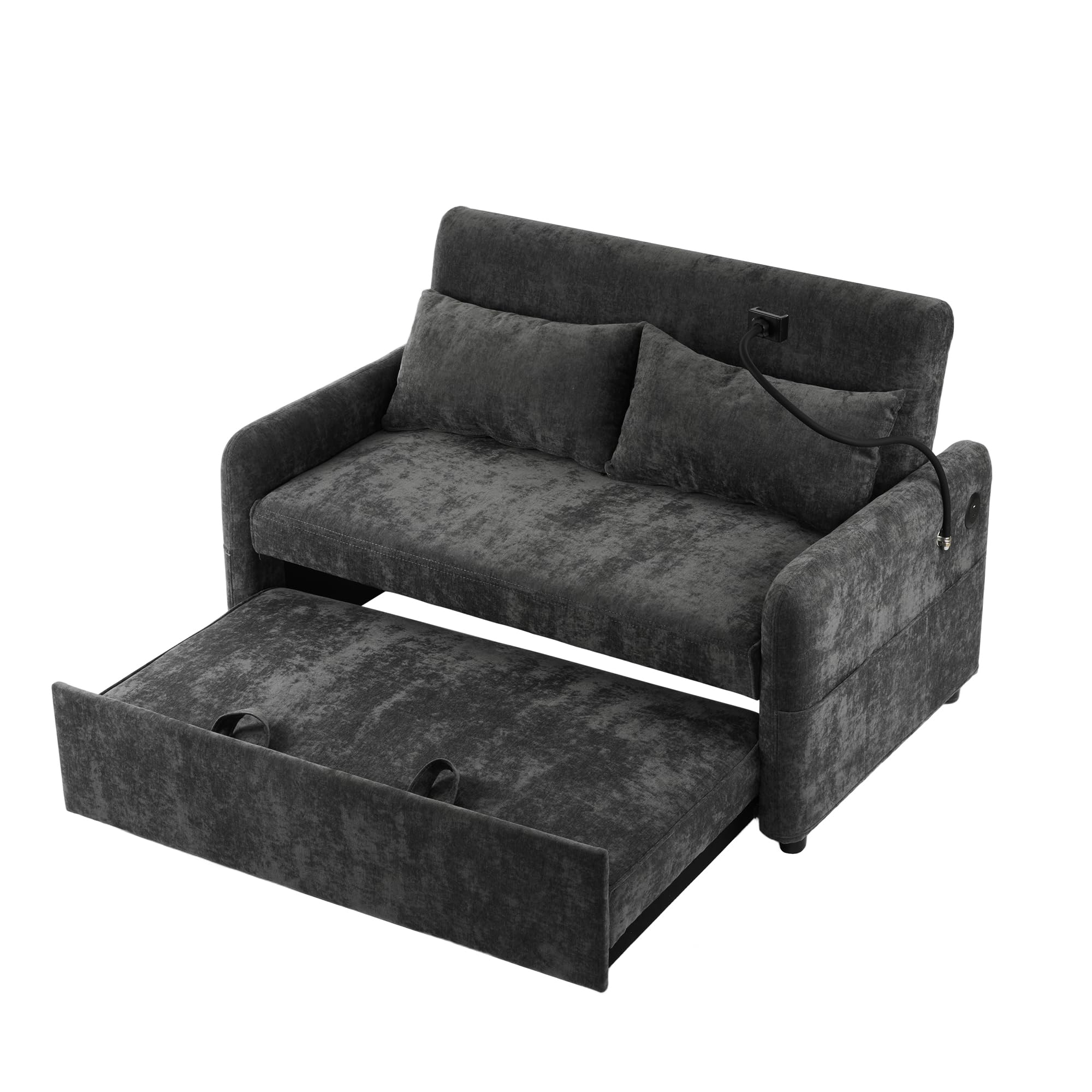 Azkoeesy Sofá cama plegable con función de dormir, sofá de 2 plazas con respaldo ajustable, soporte para móvil, USB, 2 cojines, tela de chenilla, para salón, dormitorio, sala de cine en casa (Gris)