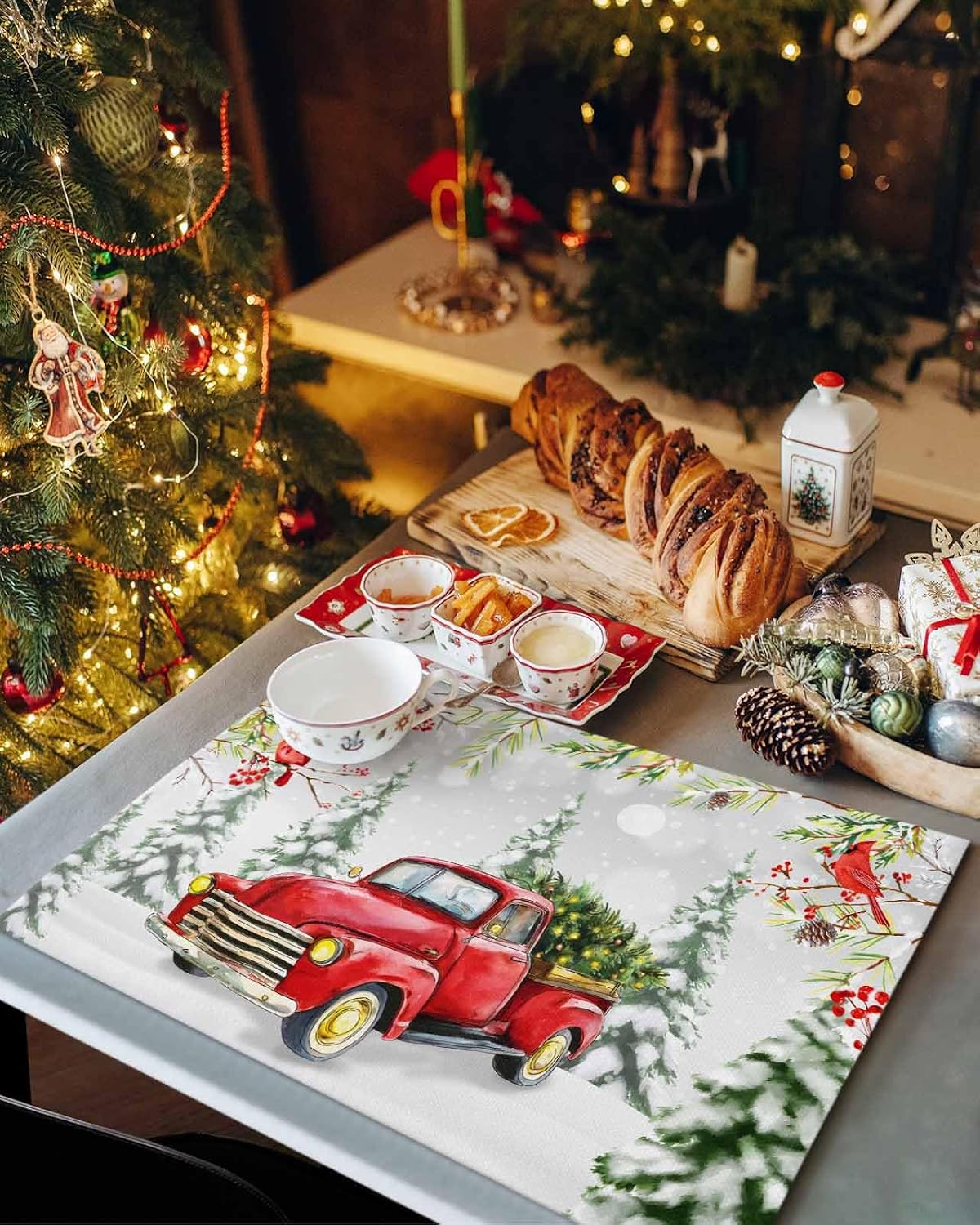 Christmas Truck Placemat Set of 6, Vintage Red Truck Cardinalis Snow Forest Landscape Frosty Tree Table Place Mats Non-Slip Heat-Insulated Washable Cotton Linen Placemats for Christmas Holiday Party