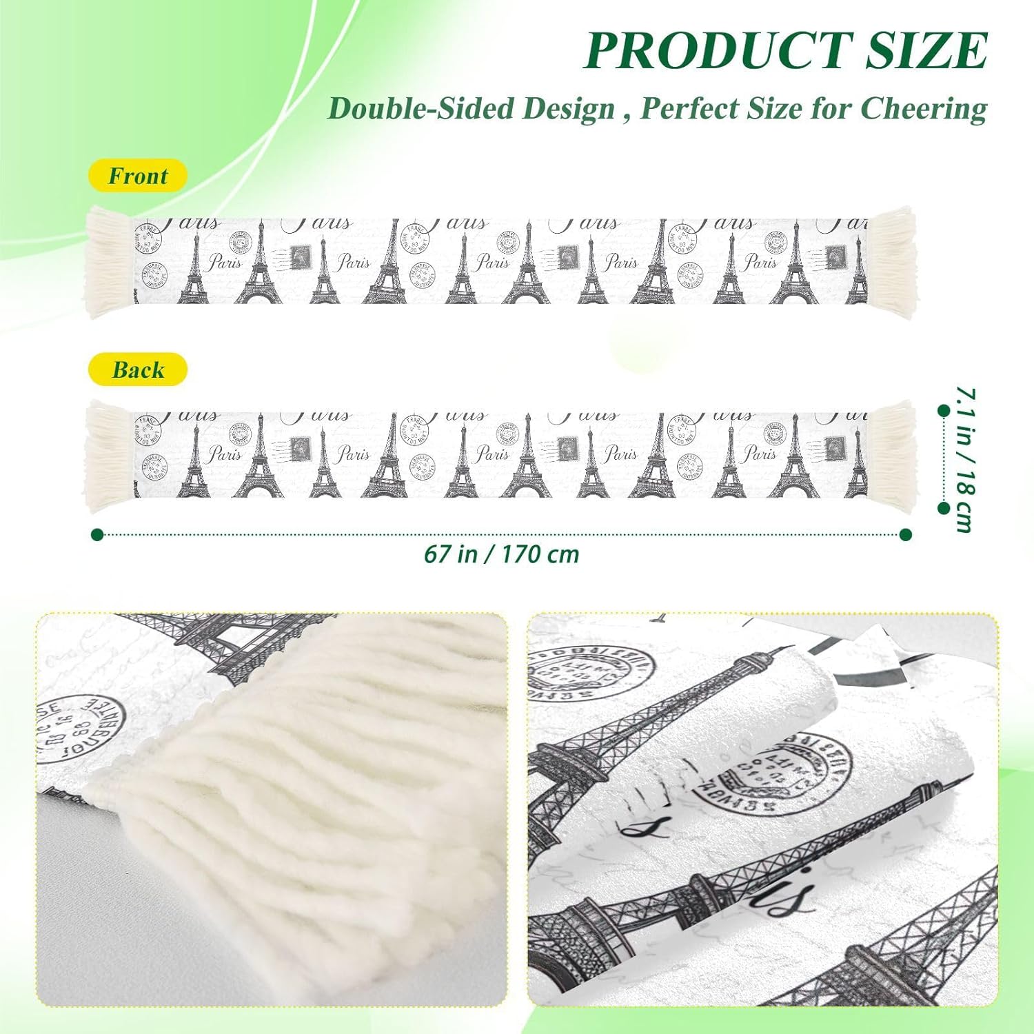 CHIFIGNO Paris Vintage White Sports Fan Scarf White, Soft Polyester Soccer Scarf, Quick Dry Sweat Towel, Game Day Banner, Match Cheer Accessory