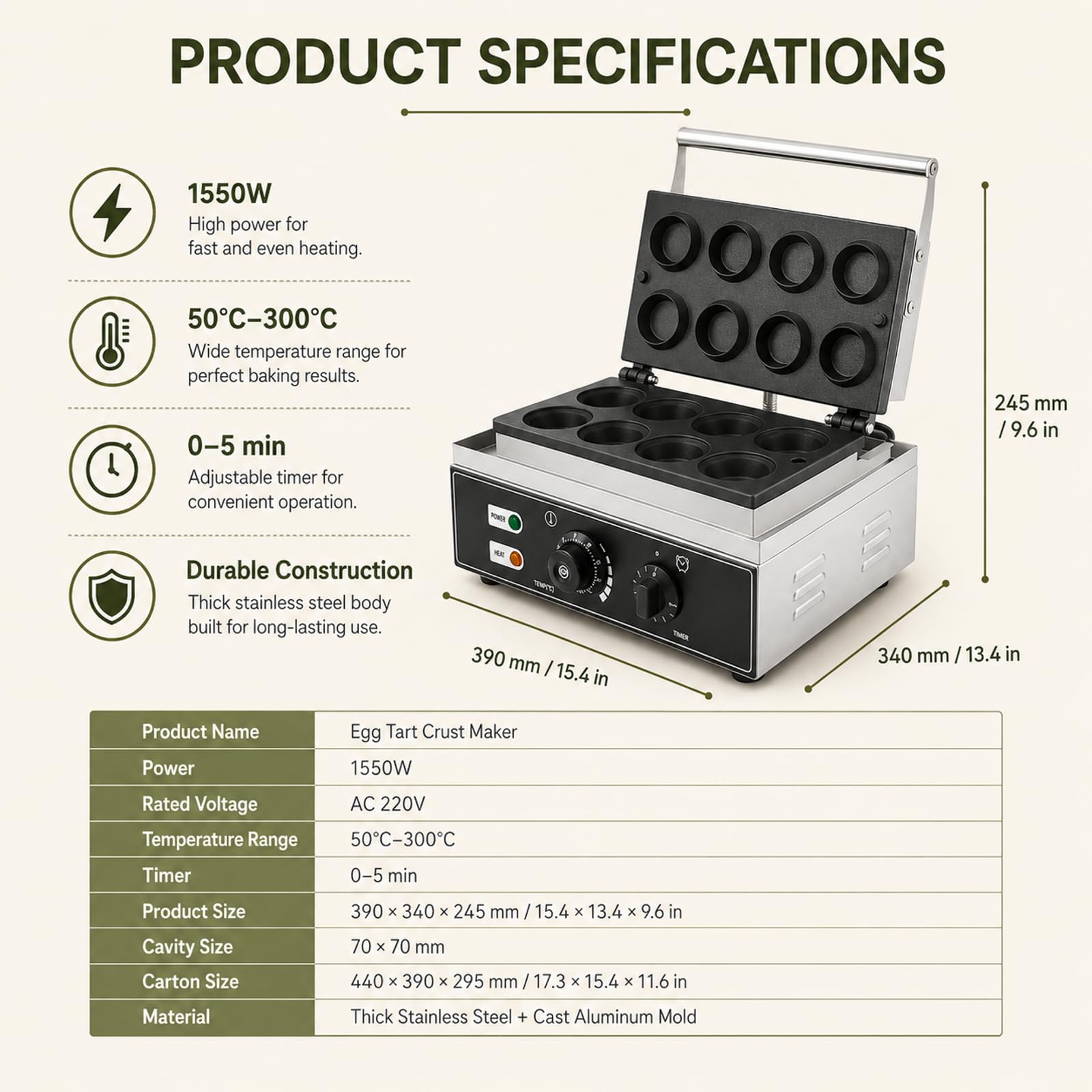 Waffle Maker per Pasticcerie, 1550W con Doppio Riscaldamento 8Round