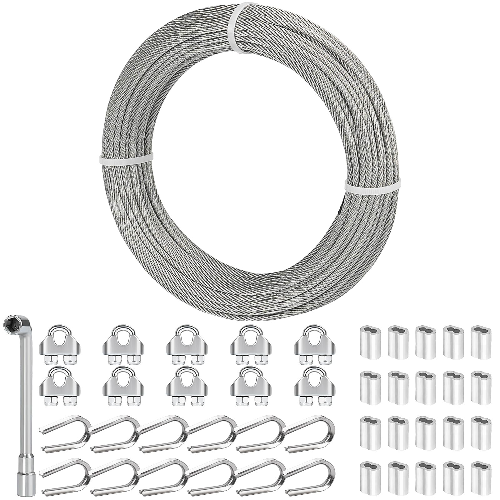 TooTaci 1/8 Stainless Steel Cable, 100ft Wire Rope, 7×7 Strands Aircraft Cable with Loops Sleeves, Cable Clamps, Thimbles, 304 Stainless Steel Wire Kit for Lights Hanging, Cable Railing, Curtain Wire