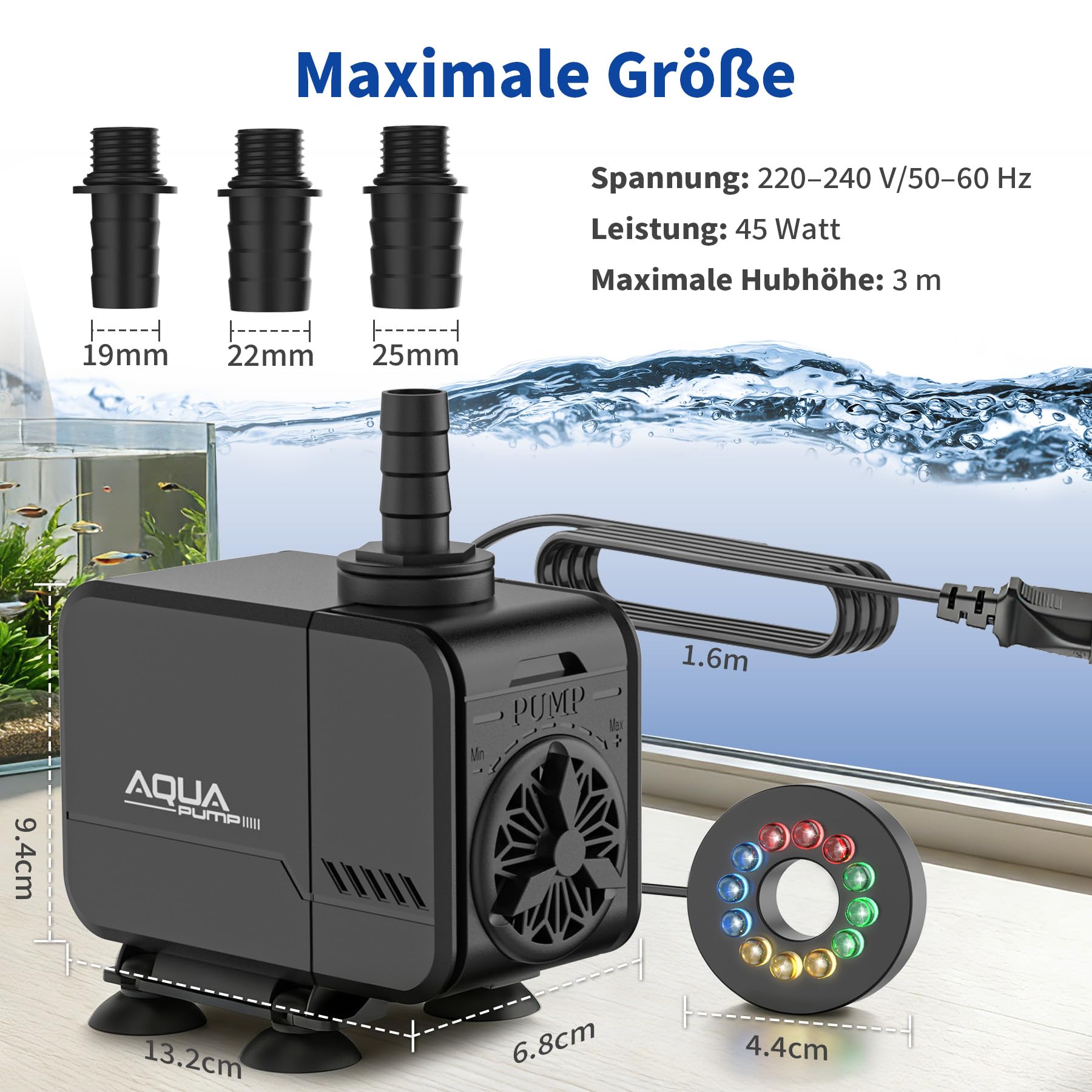 LED Mini Aquarium Wasserpumpe 40W 3000L/H Schutz vor überhitzung Leise Springbrunnenpumpe mit bunten Lichtern für Aquarien Fischtank, kleine Teichpumpe Förderhöhe 3m mit 1,6m Kabel & 3 Düsen