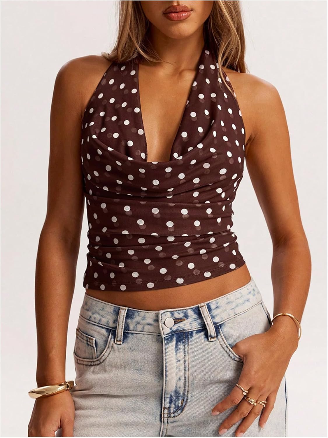 MakeMeChic Women's Halter Polka Dots Top Y2k Going Out Tops Backless Deep V Cowl Neck Tops - Image 4