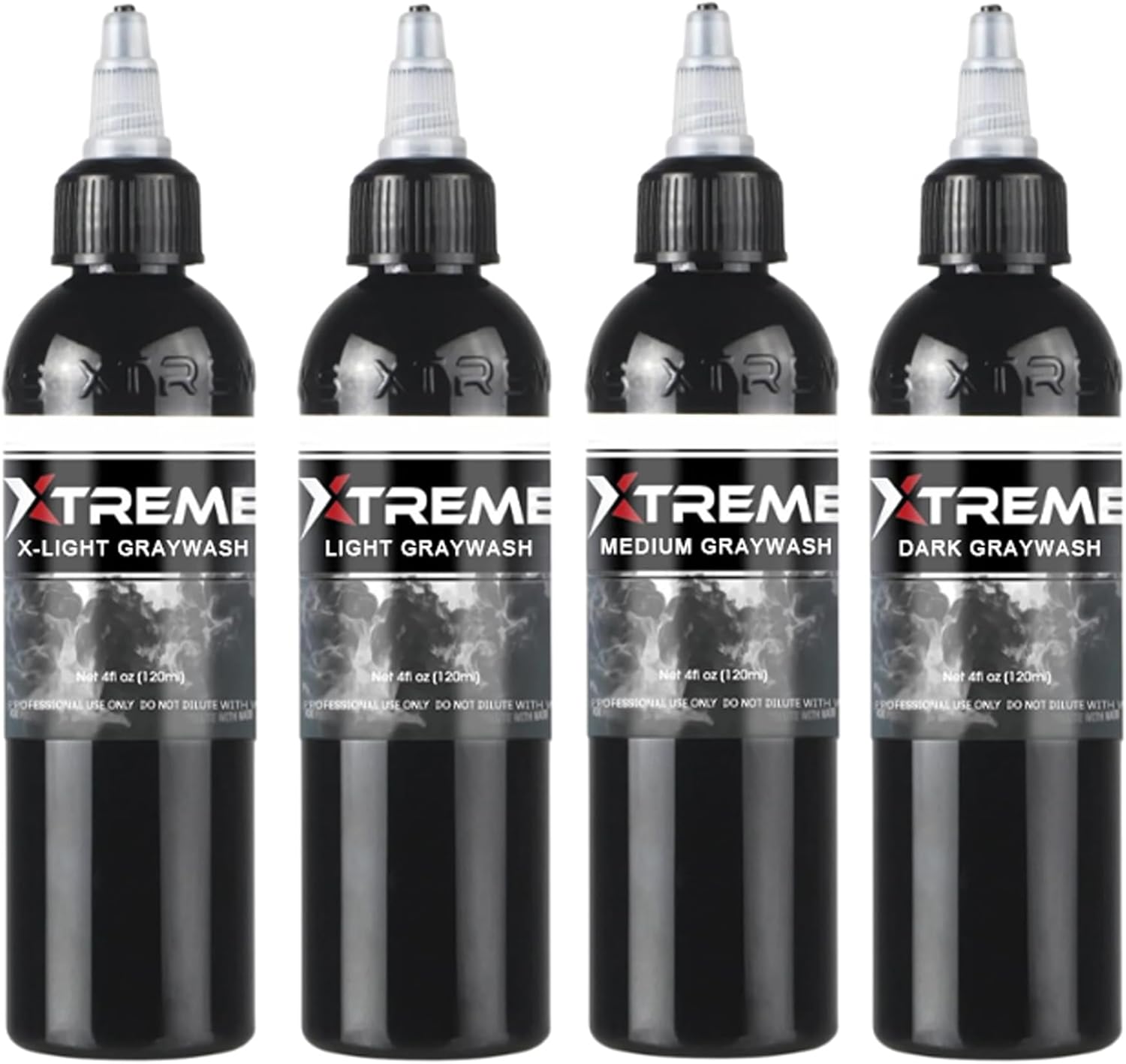 Xtreme Ink Greywash Set, Unleash Artistry with Subtle Shades, Extra Light, Light, Medium, and Dark Graywash, Ethical, Sterilized, and Ready-to-Use Tattoo Pigment Dispersion (Set of 4, 4 oz)