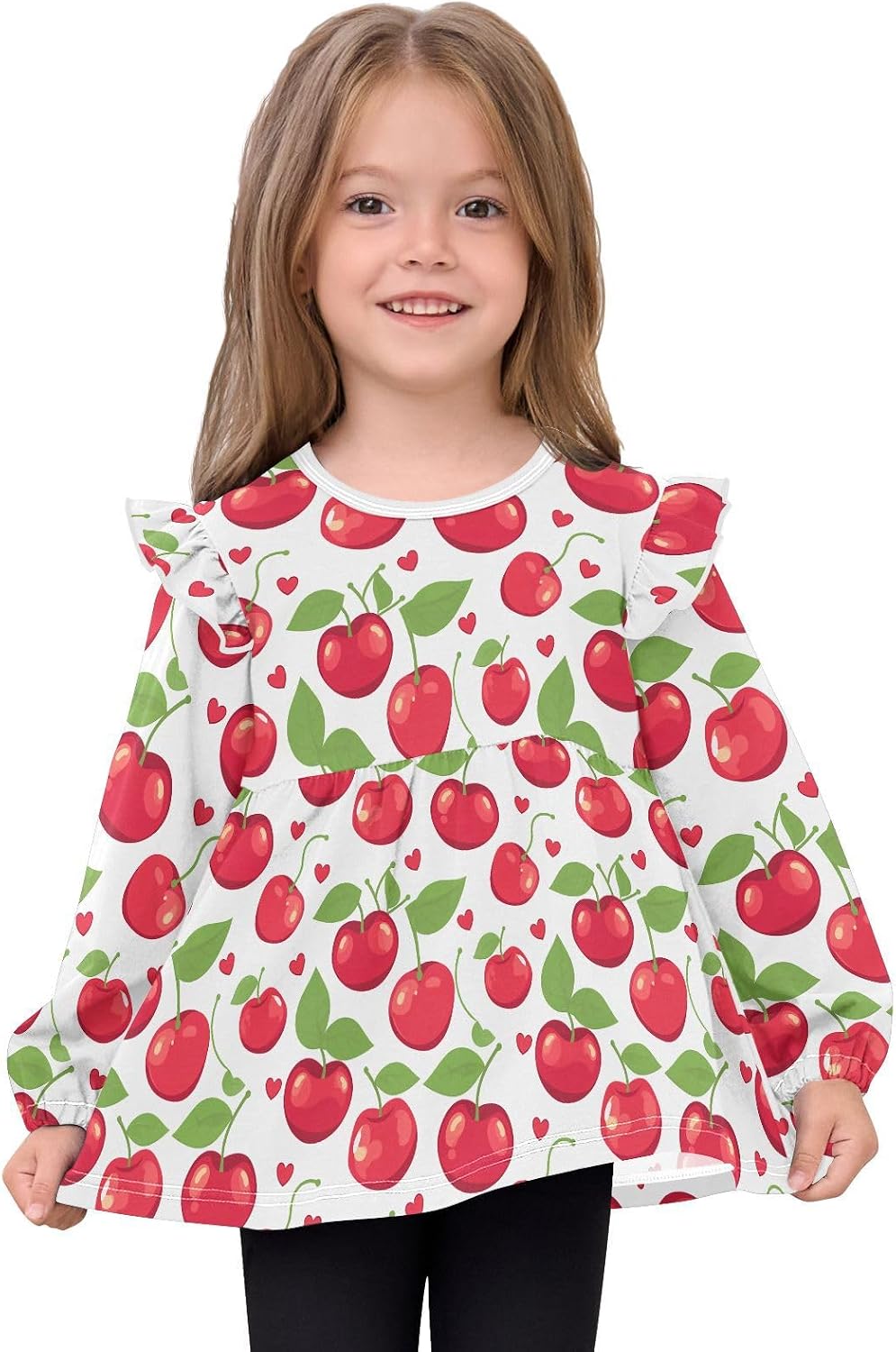 visesunny Toddler Clothes for Girls Cherry Leaf Pattern Long Sleeve Fall Shirts Cotton Top with Ruffle Collar