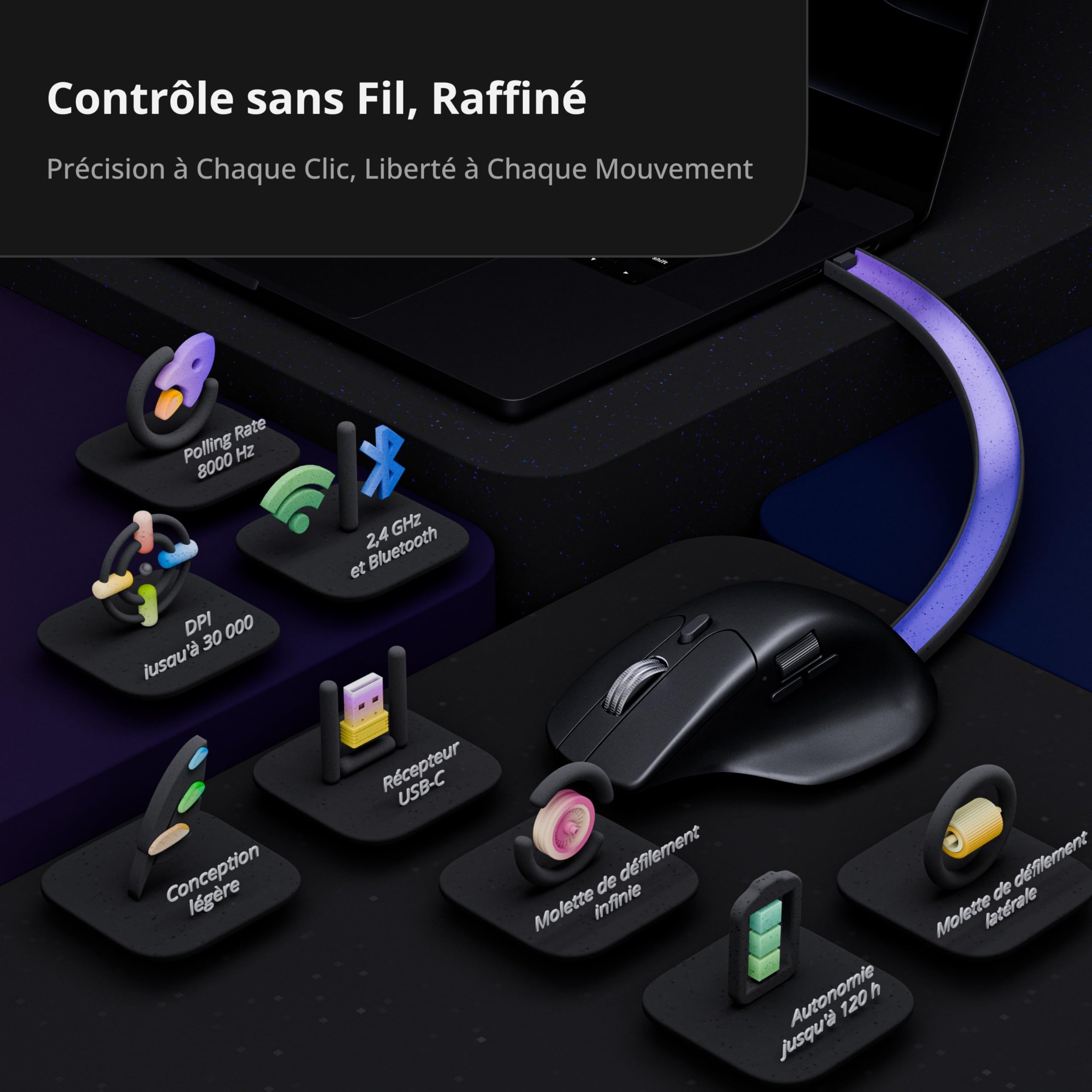 Keychron M6 Souris Silencieuse sans Fil, 2.4 GHz/BT 5.3/USB-C, 8000Hz, PixArt 3950, Molette en Métal, Autonomie Jusqu’à 120h, Programmable Via Launcher, Souris Gamer pour Windows, Mac et Linux, Noir