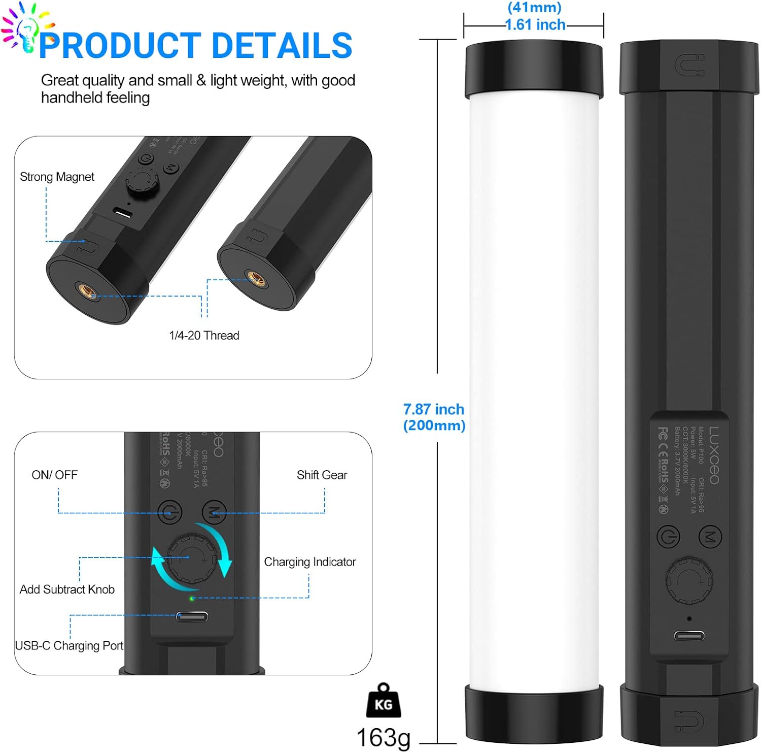 Detailed diagram of the LUXCEO P100 light wand showing its dimensions, magnetic ends, 1/4-20 thread, control buttons, USB-C port, and weight.