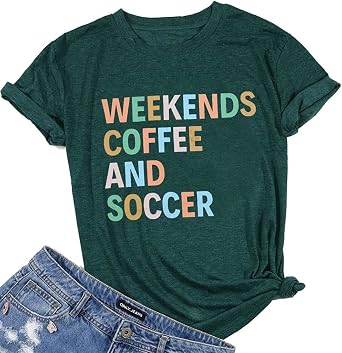 Weekends Coffee and Soccer Mom T-Shirts for Women - Soccer Gift Shirt with Ball Letter Printed Short Sleeve Tee Tops