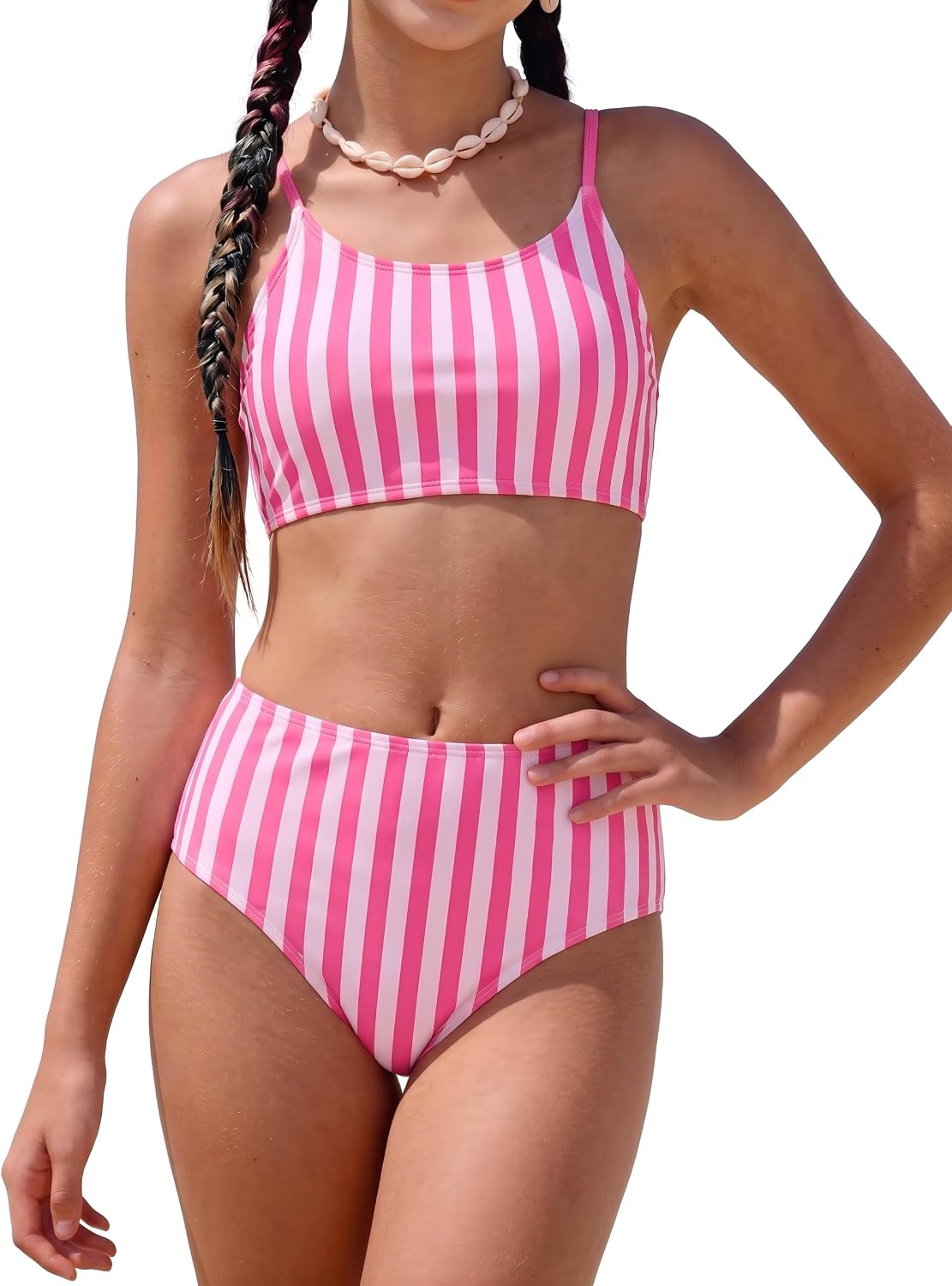 Girl's 2 Piece Striped Bikini Set High Waisted Adjustable Spaghetti Strap Swim Top with Full Coverage Bottom