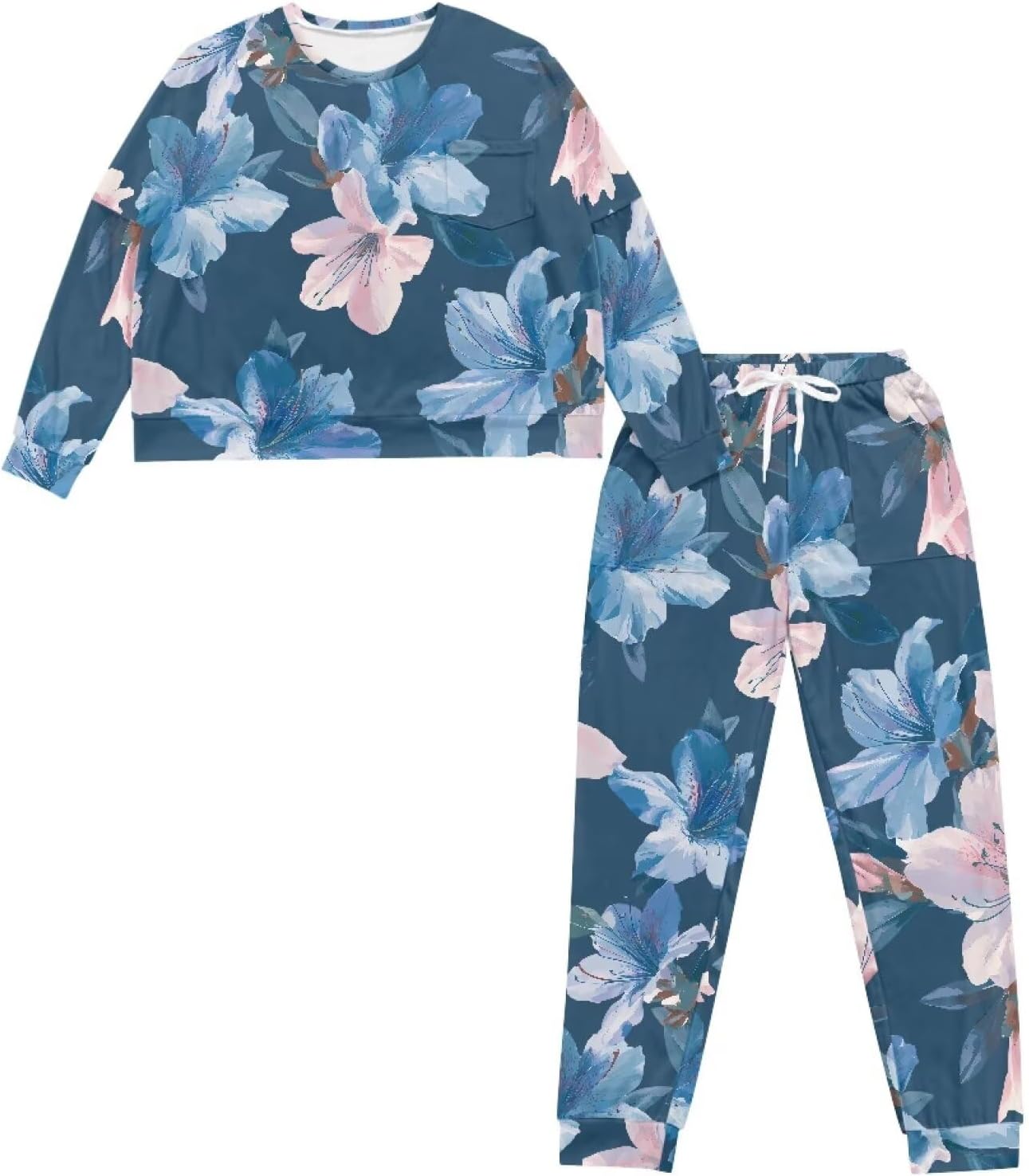 Women's Soft Comfy Pjs 2Pcs, Long Sleeve Top Long Pants Casual OutfitsLoose Sleepwear Loungewear with Drawstring