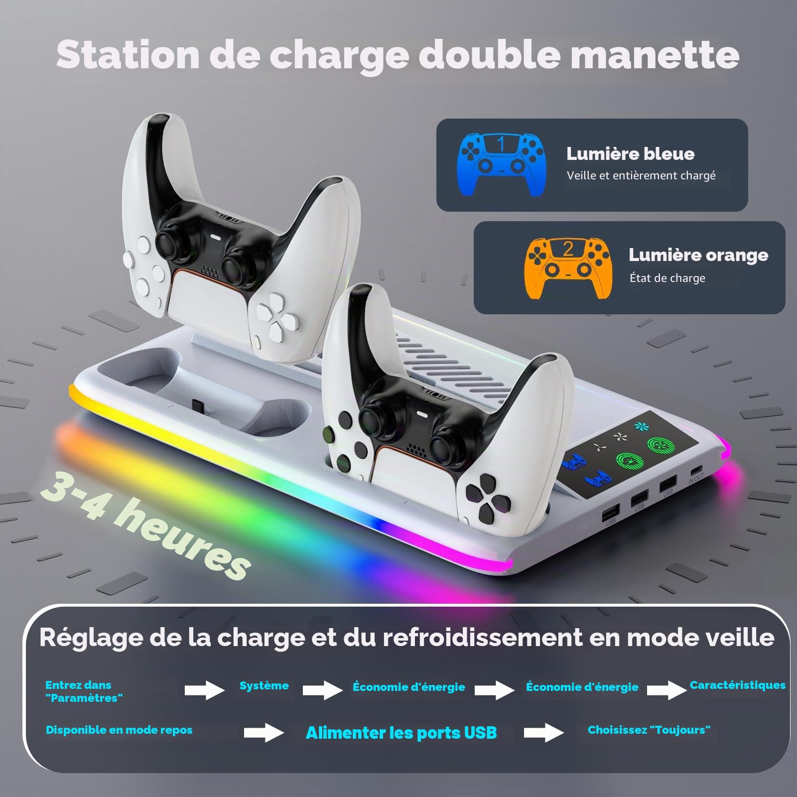 Support PS5 Standard/Slim/Pro, Support PS5 avec Ventilateur de Refroidissement à 3 Vitesses, Station de Refroidissement Vertical PS5 avec RGB, Support de PS5, Accessoires PS5/Slim/Pro