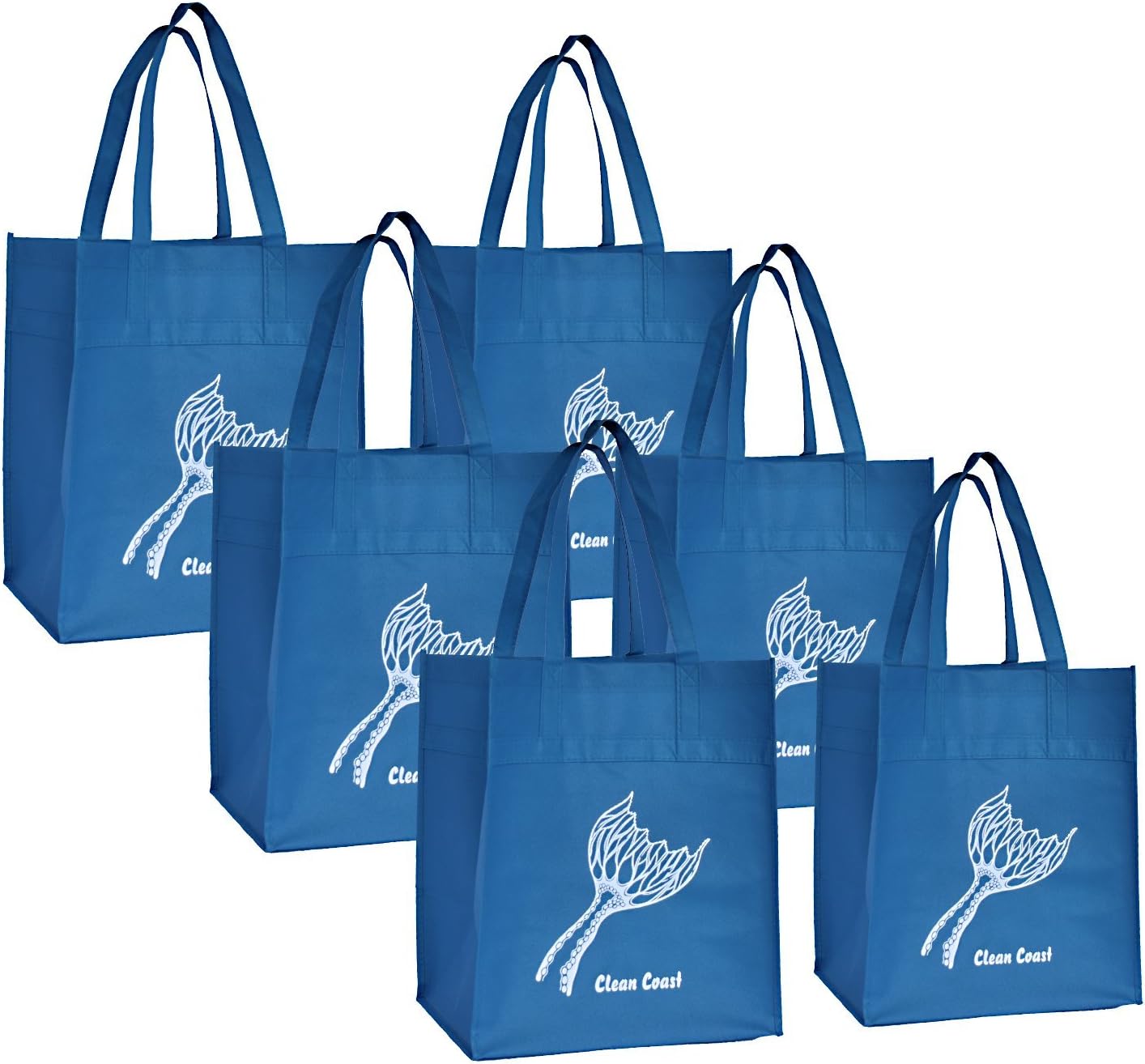 Reusable Grocery Shopping Tote Bags for Men & Women by Clean Coast - (6 Pack, Maui Blue with Mermaid Tail) Tall Strong Grocery Tote Shopping Bag with Reinforced Handles, Holds 40+ lbs