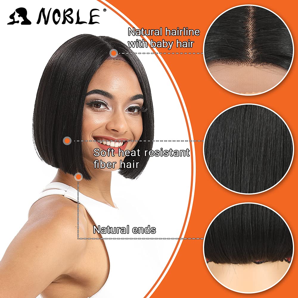 NOBLE Black Bob Wigs for Women Short Straight T Part HD Lace Front Wigs 150% Density Heat Resistant Synthetic Blunt Cut Bob Wigs for Party and Daily Use (10 Inch, Natural Black)