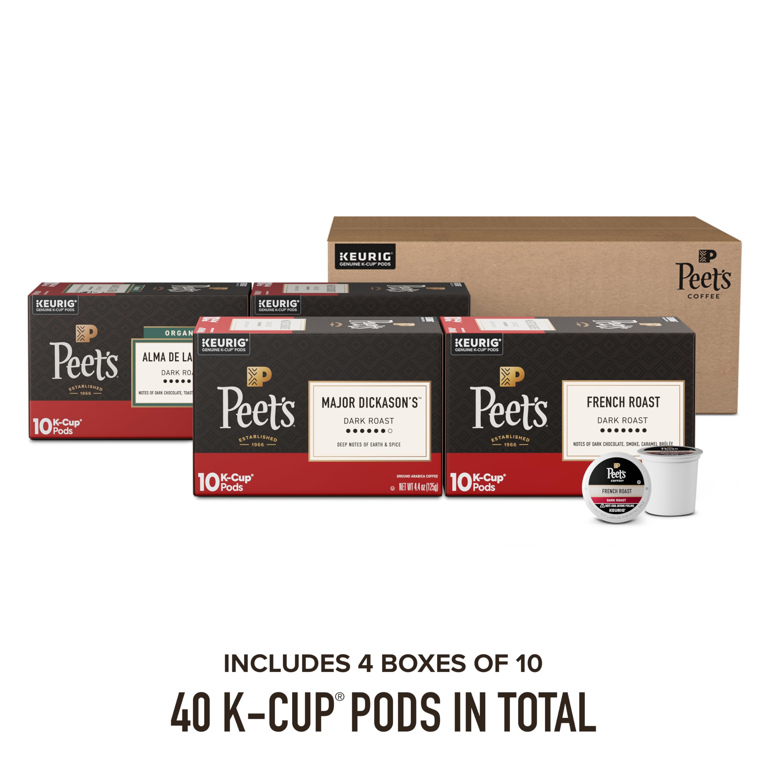 Peet's Coffee Dark Roast Variedad Pack K-Cup Cápsulas de café para Keurig Brewers, paquete variado, 40 vainas