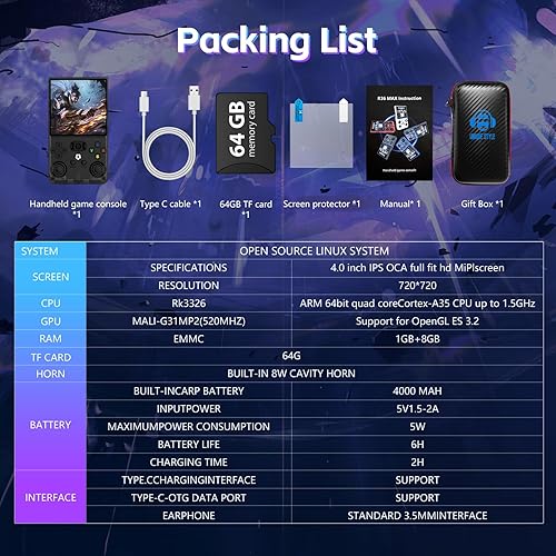 Miniatura 9 de R36MAX - Consola de juegos de mano retro, consola de juegos retro portátil de 4.0 pulgadas, pantalla IPS HD y sistema Linux, compatible con emulador