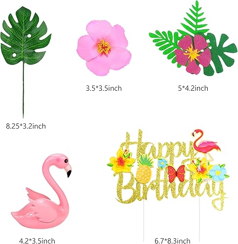 Miniatura 3 de 13 piezas de decoración de pastel de flamenco para tartas de verano con bonitas figuras de flamenco rosa y hojas de palmera de flores de hibisco