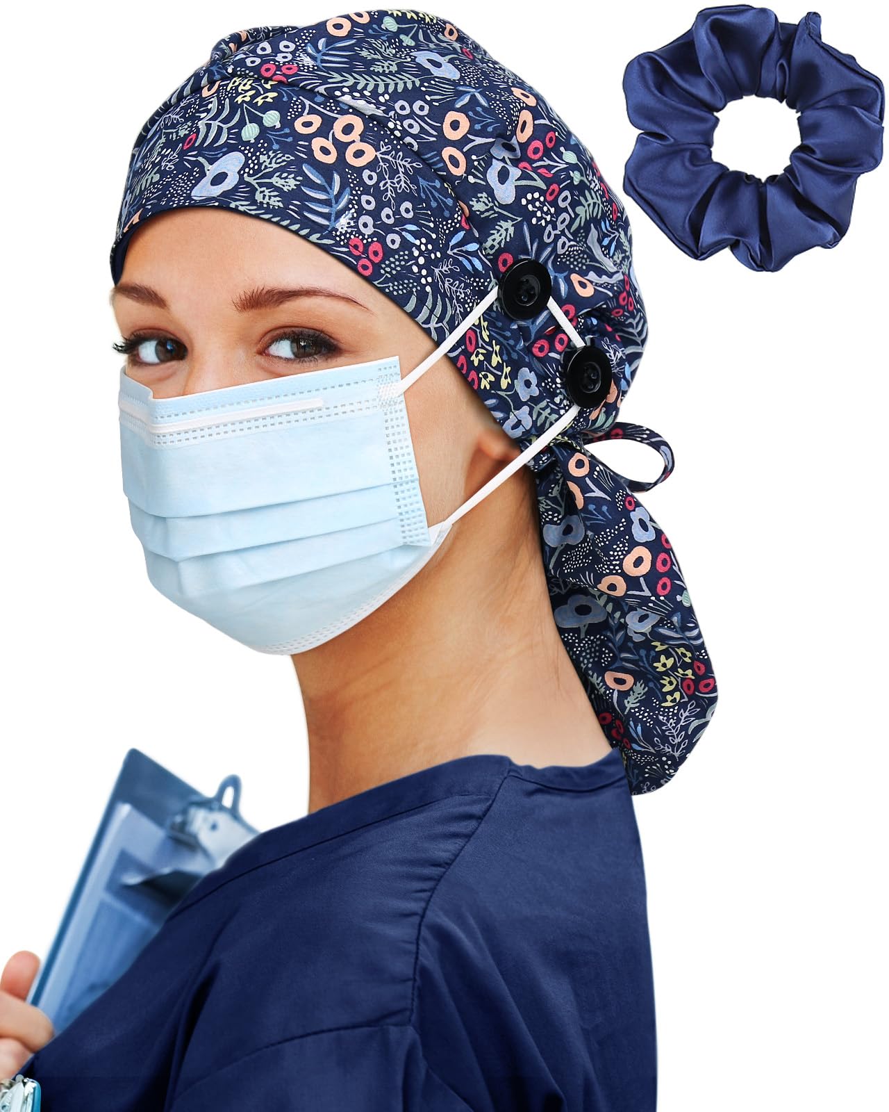Satin Lined Scrub Cap for Women Extra Large Long Hair Surgical Nurse Cap 4 Buttons