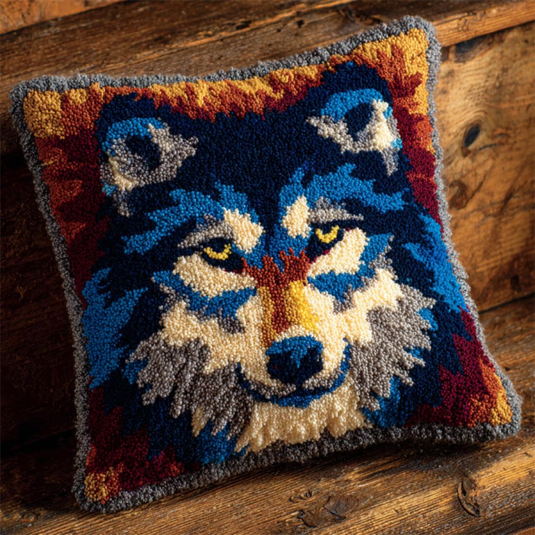 Kitquiver Animal DIY Latch Hook Kit Fantasy Wolf DIY Latch Hook Kits Pillow Printed Cushion Crochet Yarn 3D Embroidery Set Pillowcase Rug Home Decor 17x17In