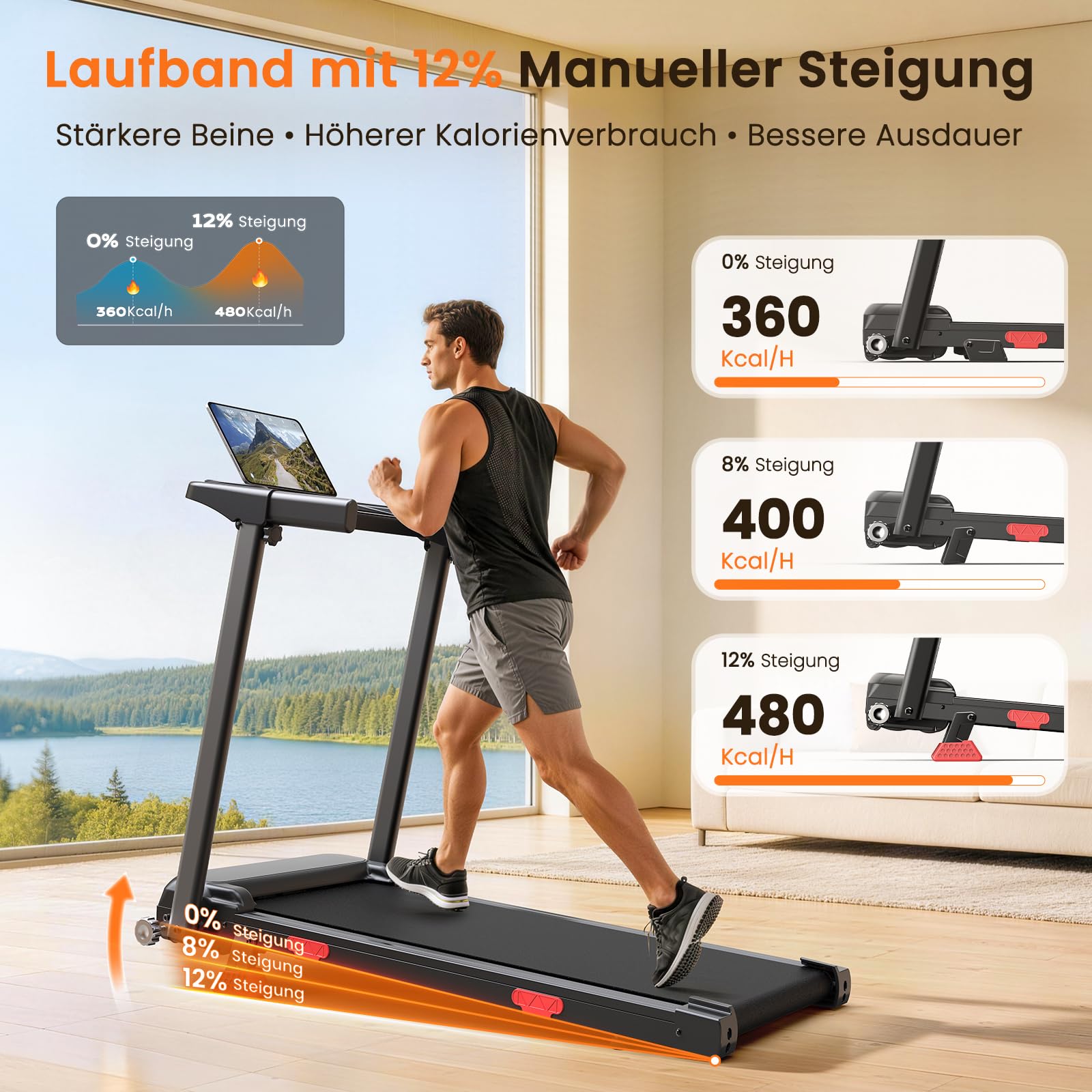 HomeFitnessCode Laufband Klappbar mit Steigung 12KMH - Walking Pad Zuhause | Laufpad mit 12 Vorprogrammen Schwarz Treadmill Walkpad Steigung 180KG Gehband unter Schreibtisch Elektrisch Walking Band