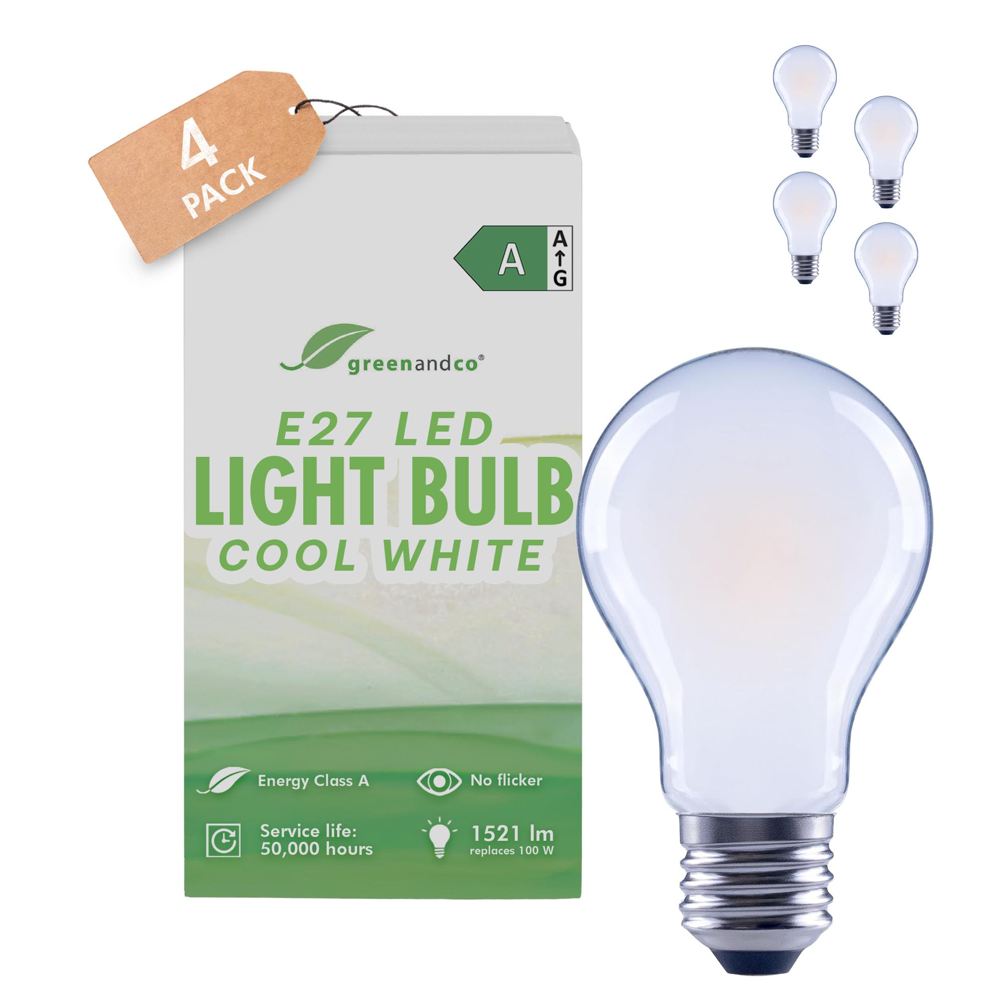 greenandco 4 x LED Filament Light Bulb | Frosted | E27 A60 | 7.2W 1521lm | Replaces 100W | 6500K Cool White | 320° | 230V | Flicker Free | Energy Class A | Non-dimmable