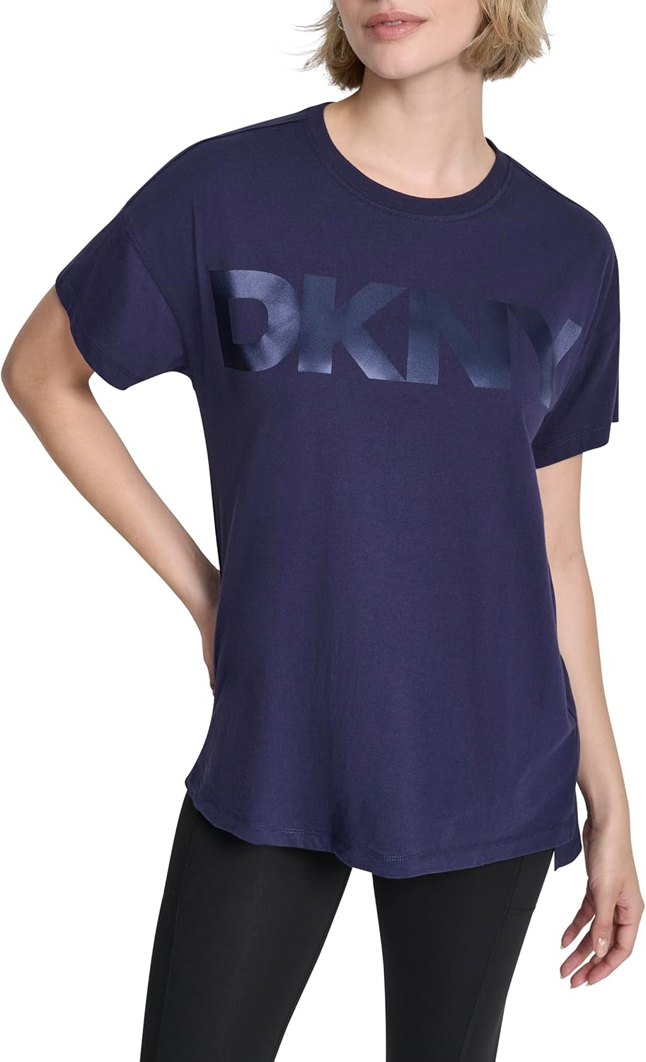 DKNY Womens Short Sleeve Jumbo Satin Logo Crew Neck T-Shirt