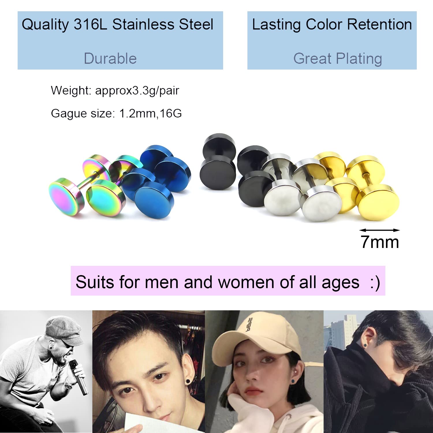 5 pares de aretes de acero inoxidable unisex para hombres y mujeres, aretes tipo túnel punk, piercing para la oreja, Acero inoxidable 2