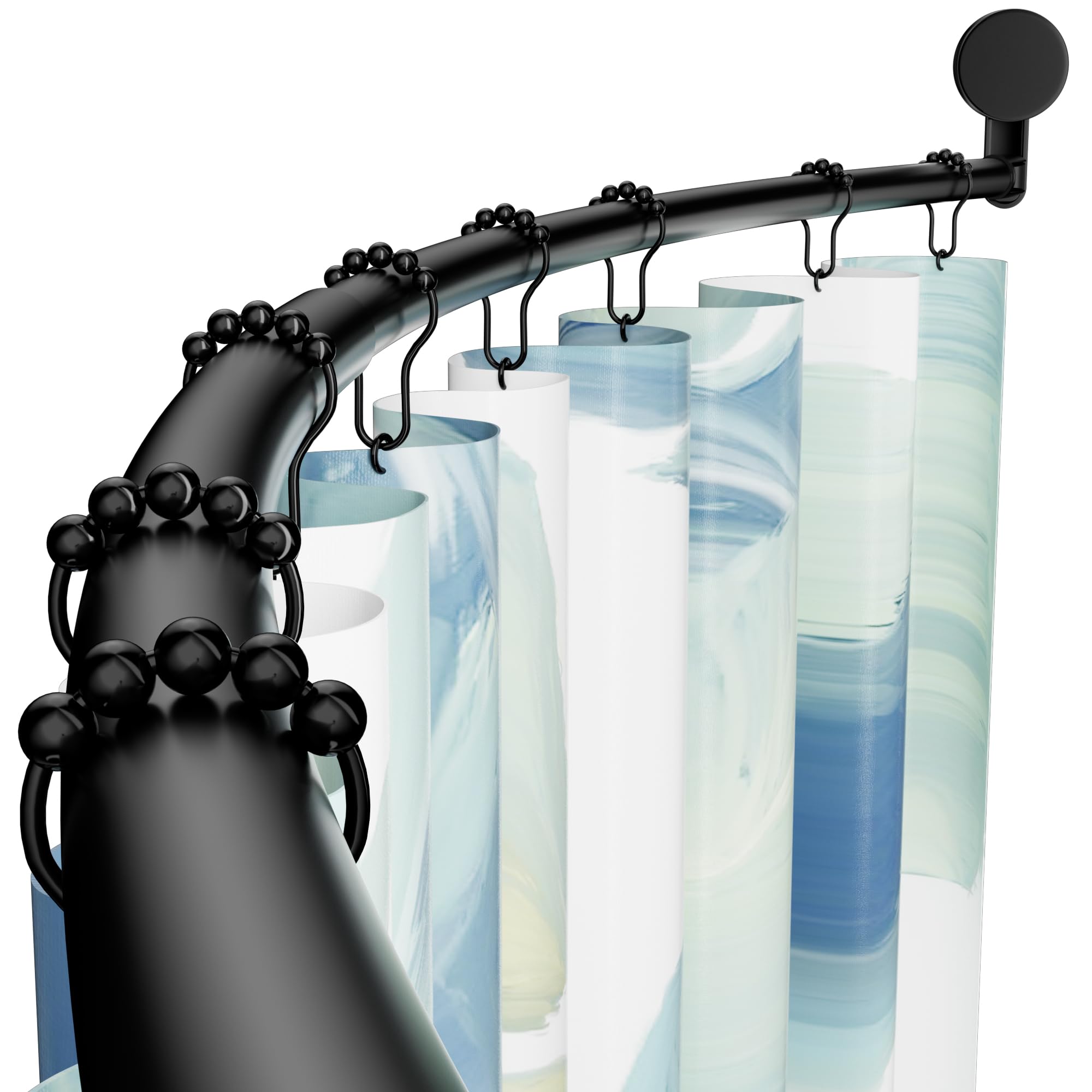 AIZESI Curved Shower Curtain Rod 42 to 73 inches Curved Shower Rod Black Shower Curtain Rod Curved No Drill, Adjustable Bowed Shower Curtain Rod for Bathroom, Bathtub, Never Rust, Non-Slip, Plastic