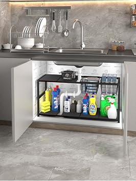 Genişletilebilir Raf Ayarlanabilir Düzenleyici 2 Metal Sepetli Mutfak Düzenleyici Banyo Düzenleyici Siyah